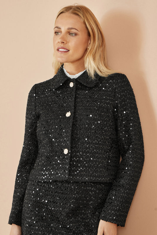 Yumi Black Boucle Sequin Jacket With Pearl Buttons JACKET Yumi