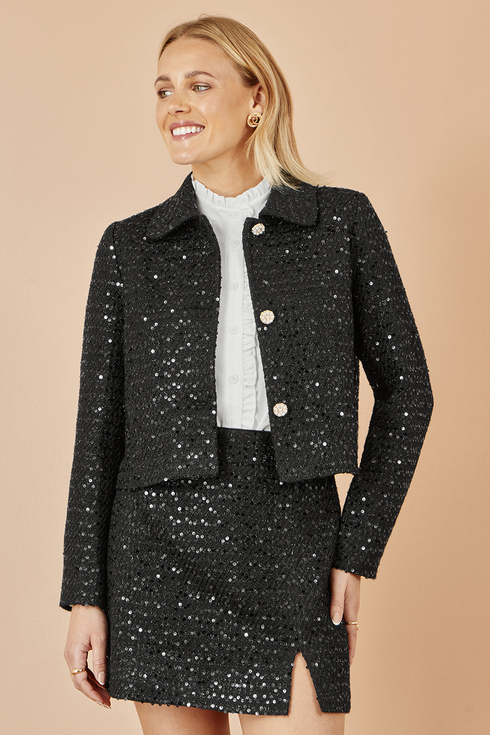 Yumi Black Boucle Sequin Jacket With Pearl Buttons JACKET Yumi