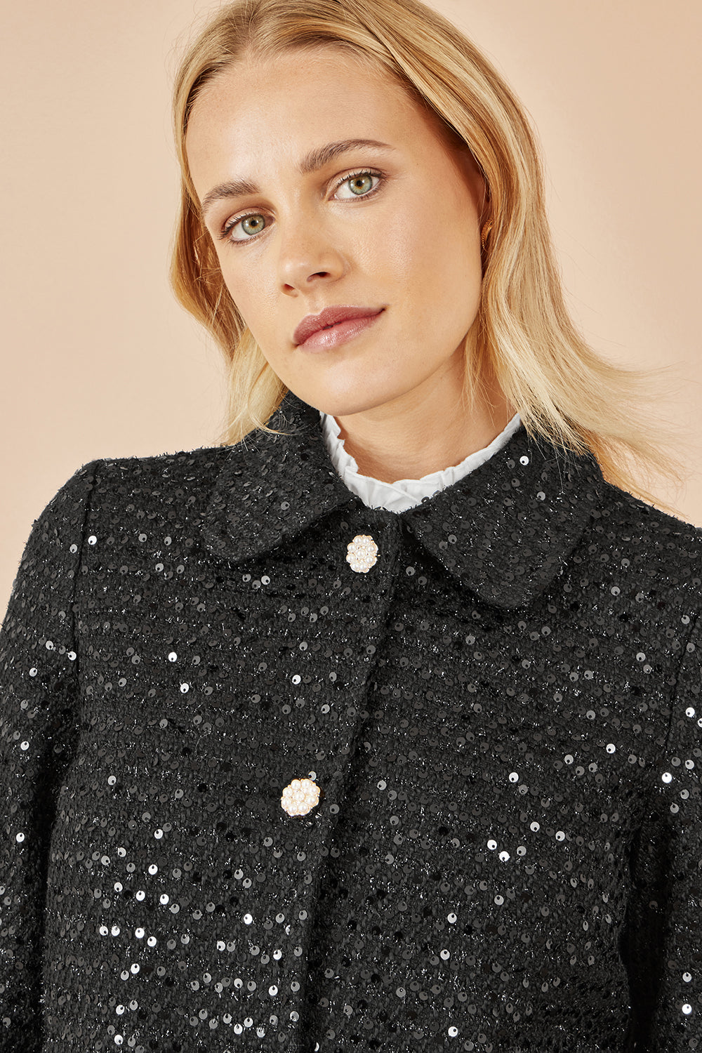 Yumi Black Boucle Sequin Jacket With Pearl Buttons JACKET Yumi