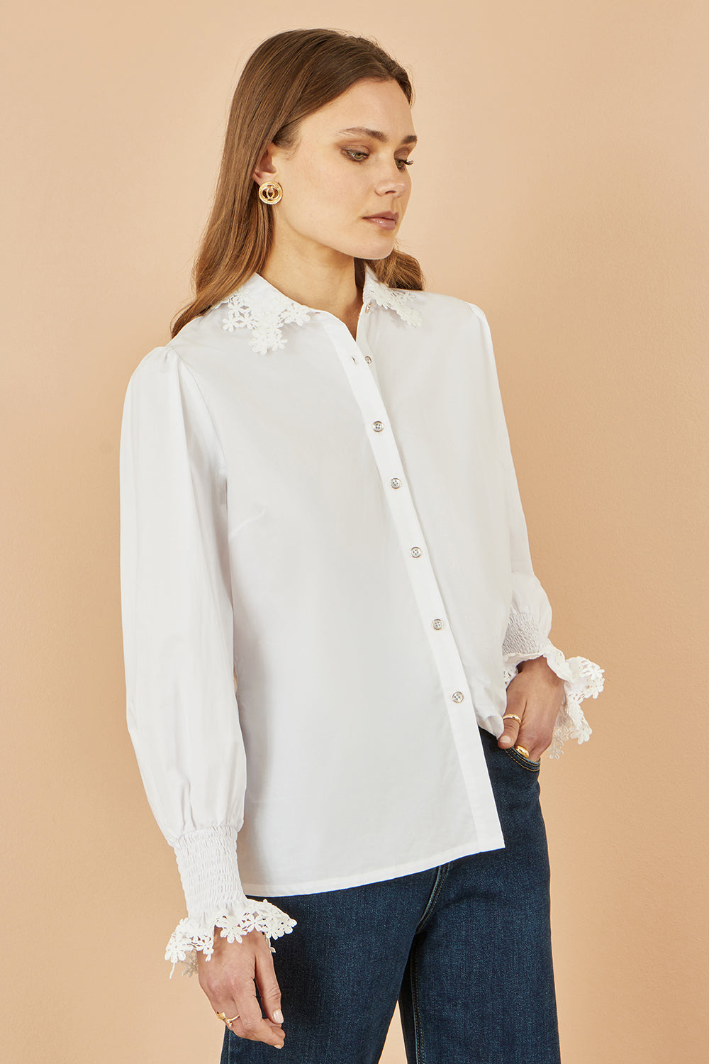 Yumi White Lace Trim Shirt Top Yumi