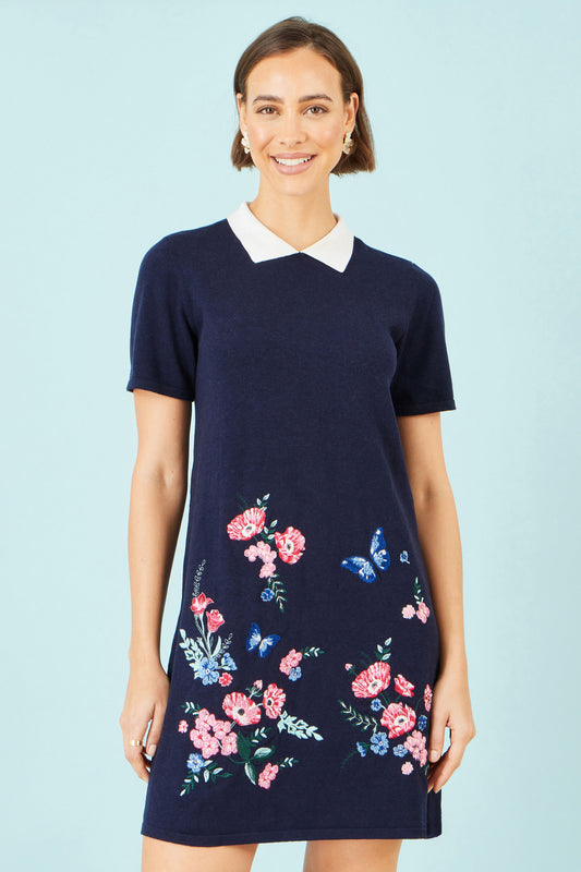 Yumi Navy Embroidered Knitted Floral Tunic Knit Dress Yumi