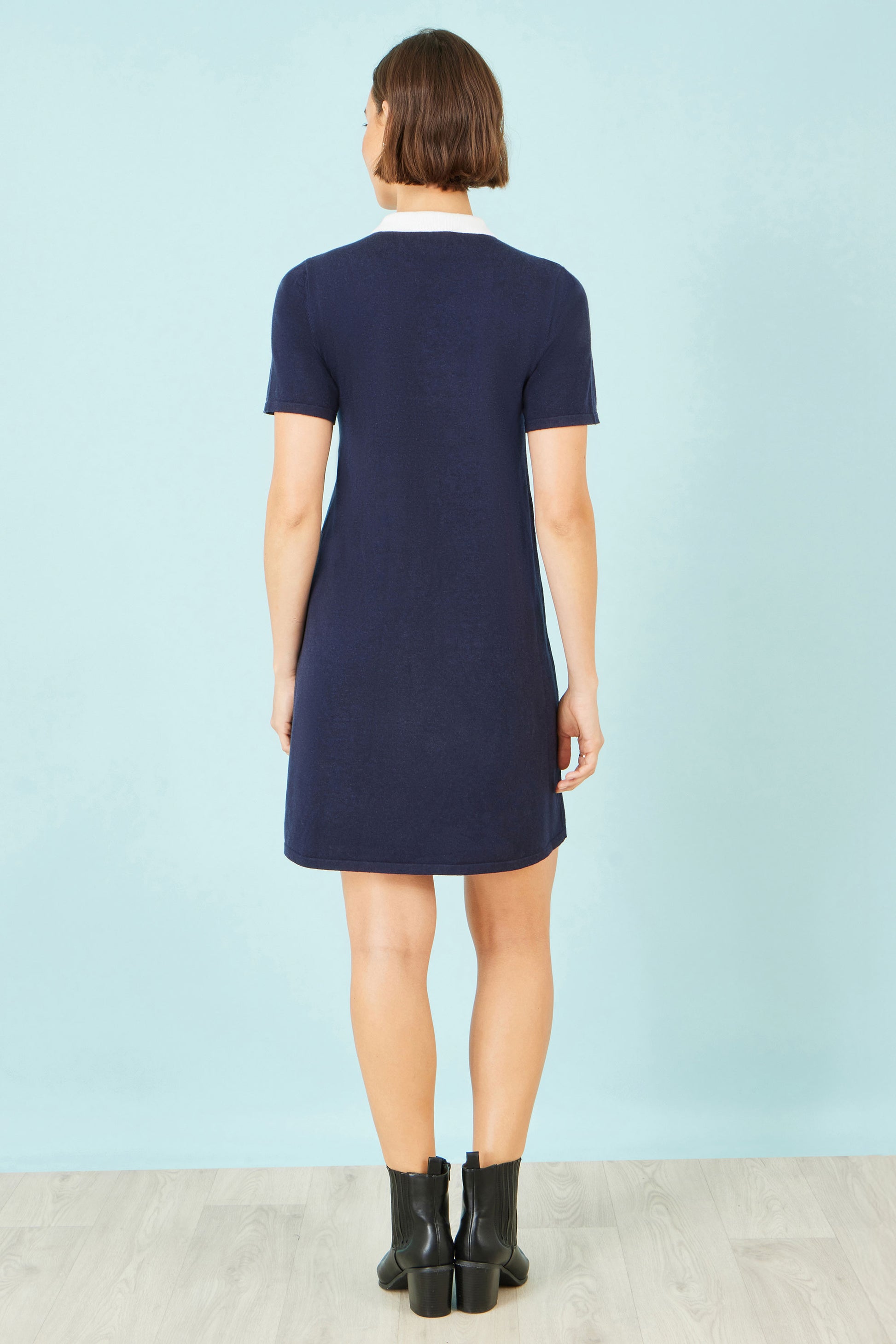 Yumi Navy Embroidered Knitted Floral Tunic Knit Dress Yumi