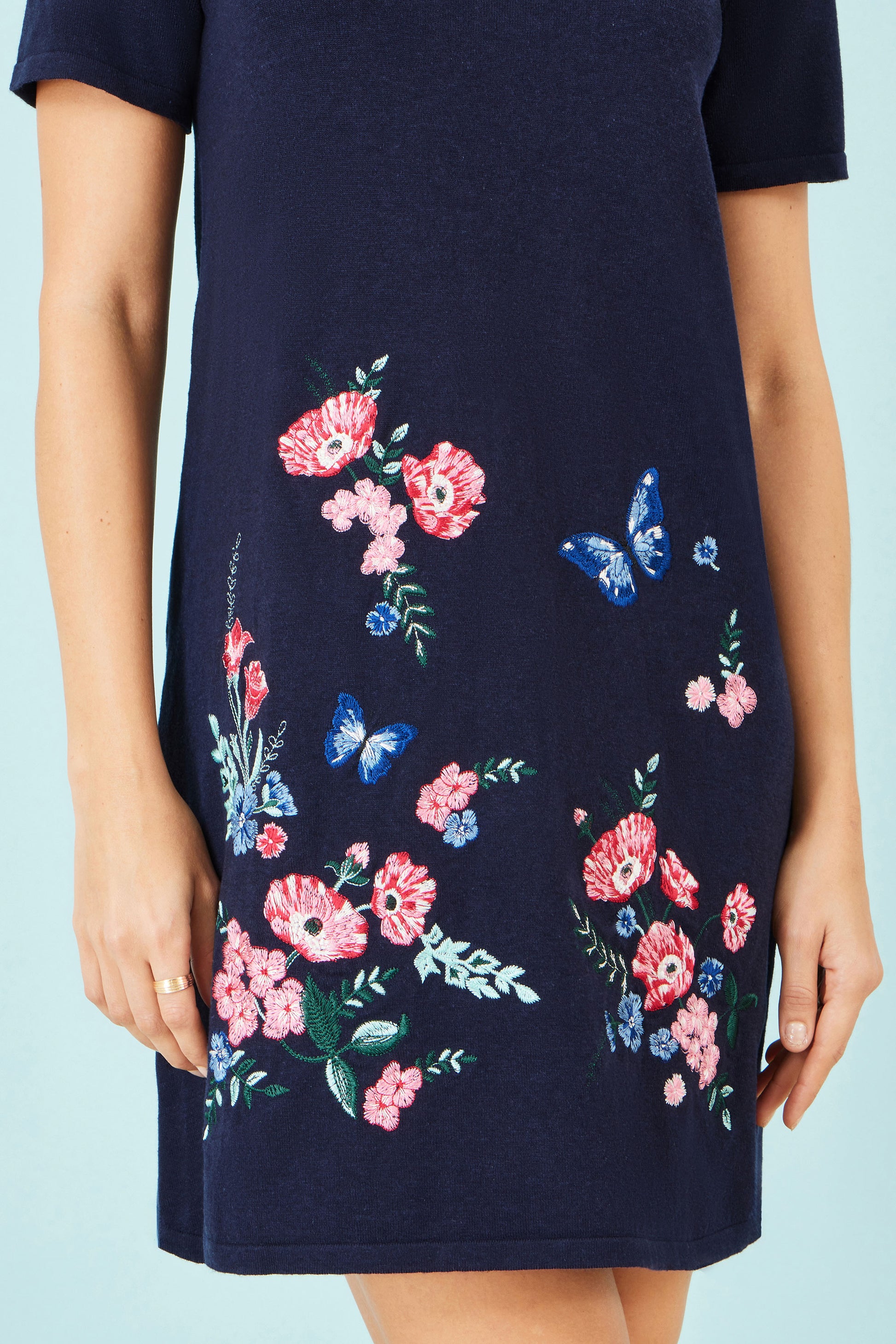 Yumi Navy Embroidered Knitted Floral Tunic Knit Dress Yumi