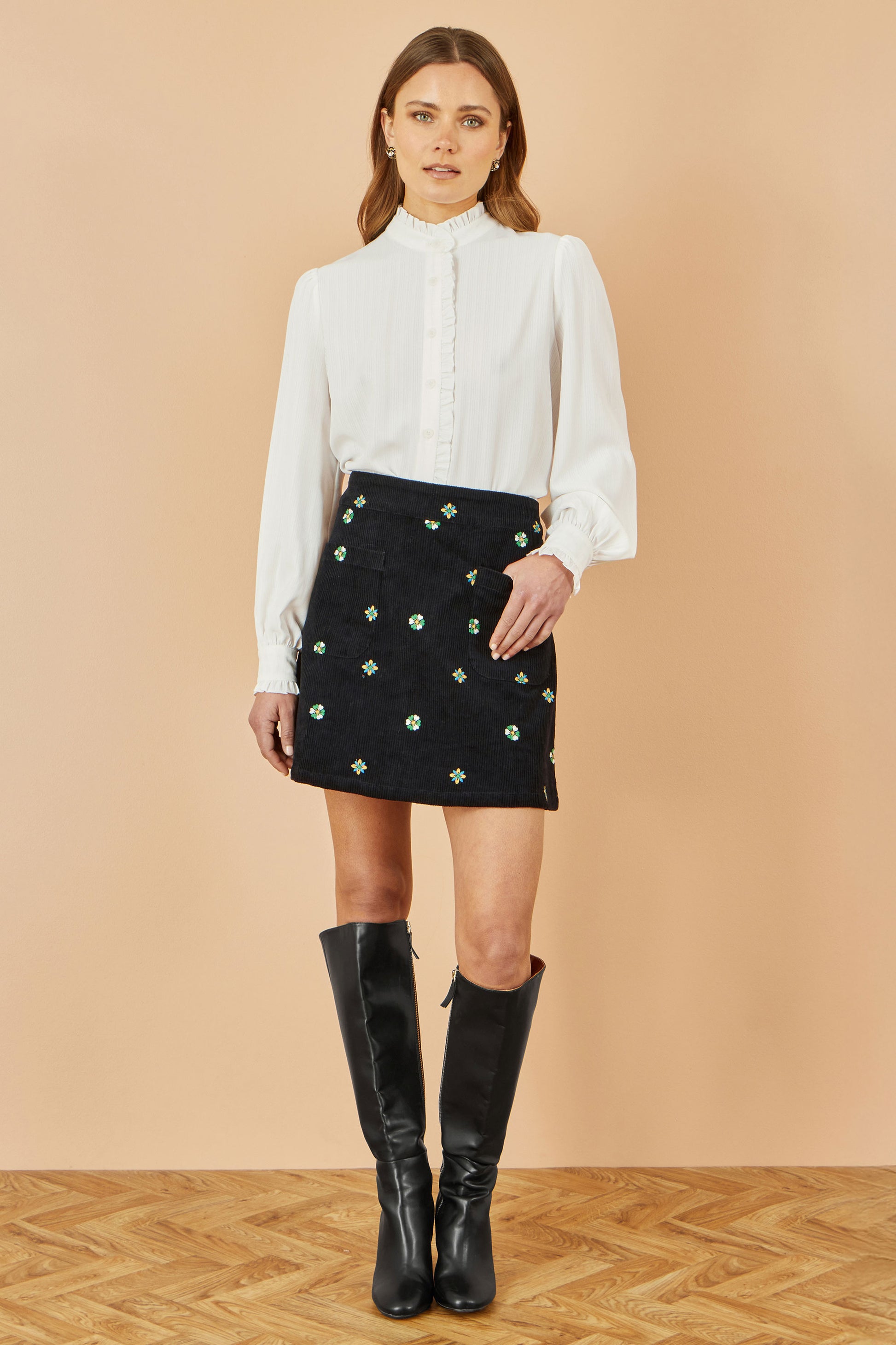 Yumi Black Flower Embroidered Cord Mini Skirt SKIRT Yumi