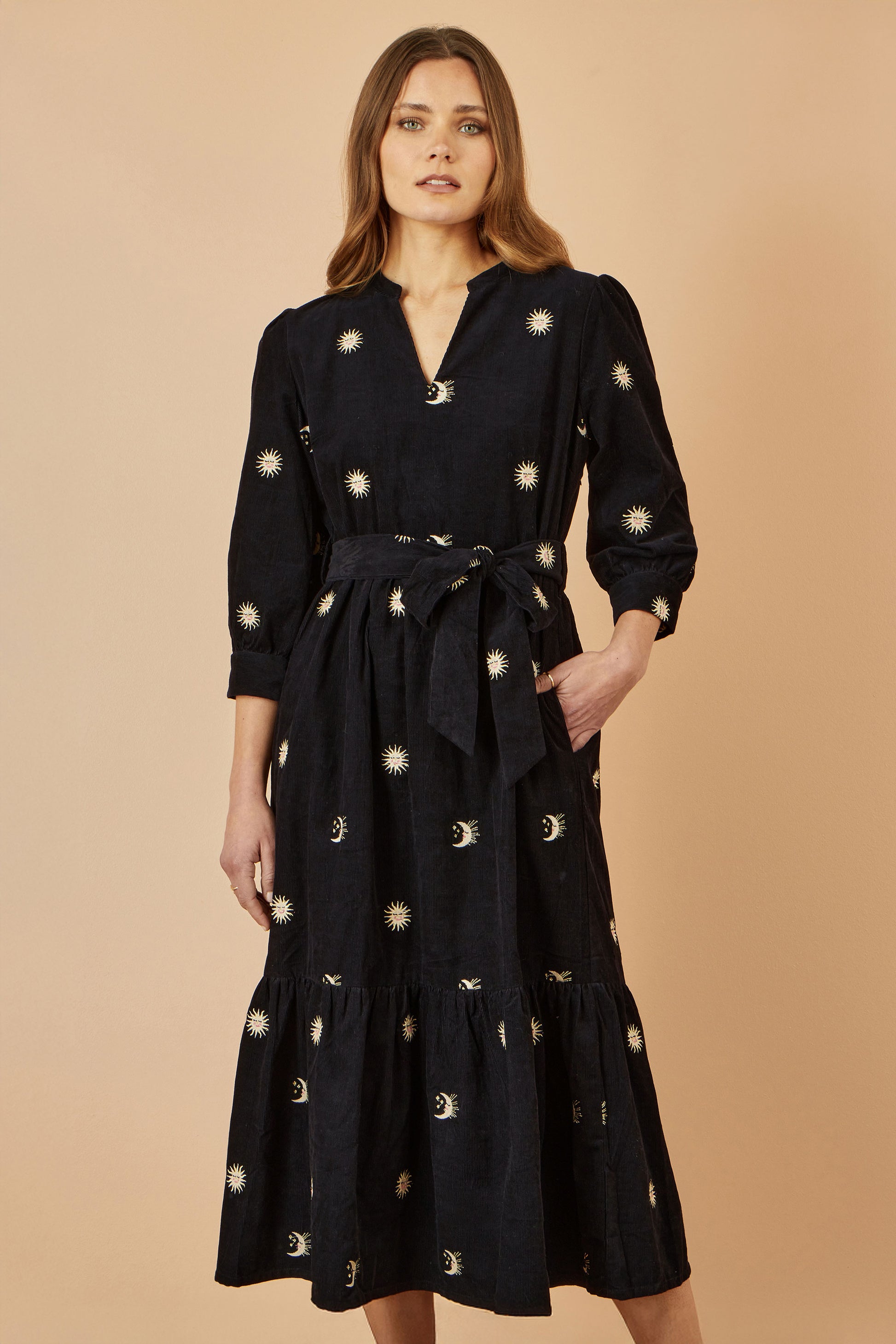 Yumi Black Cosmic Embroidery Cord Midi Shirt Dress | Yumi