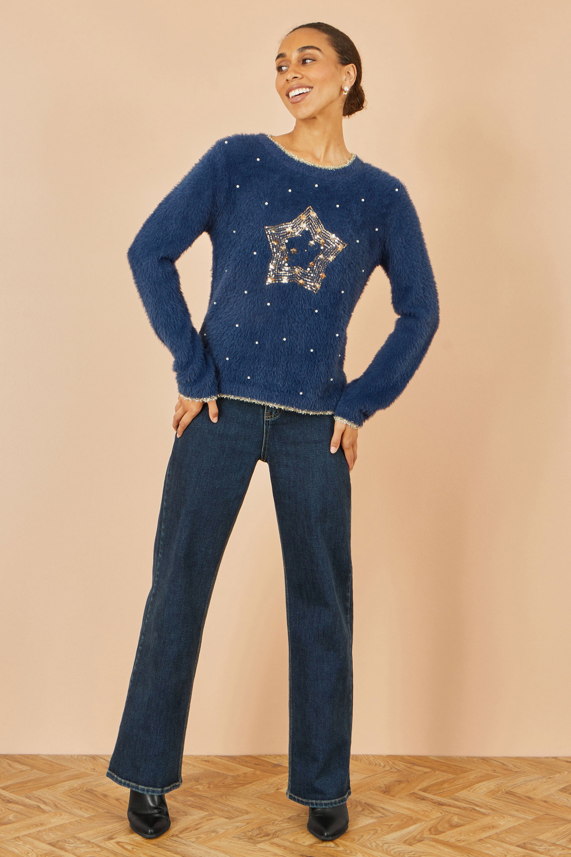 Yumi Navy Fluffy Star Christmas Jumper Knit Xmas Jumper Yumi