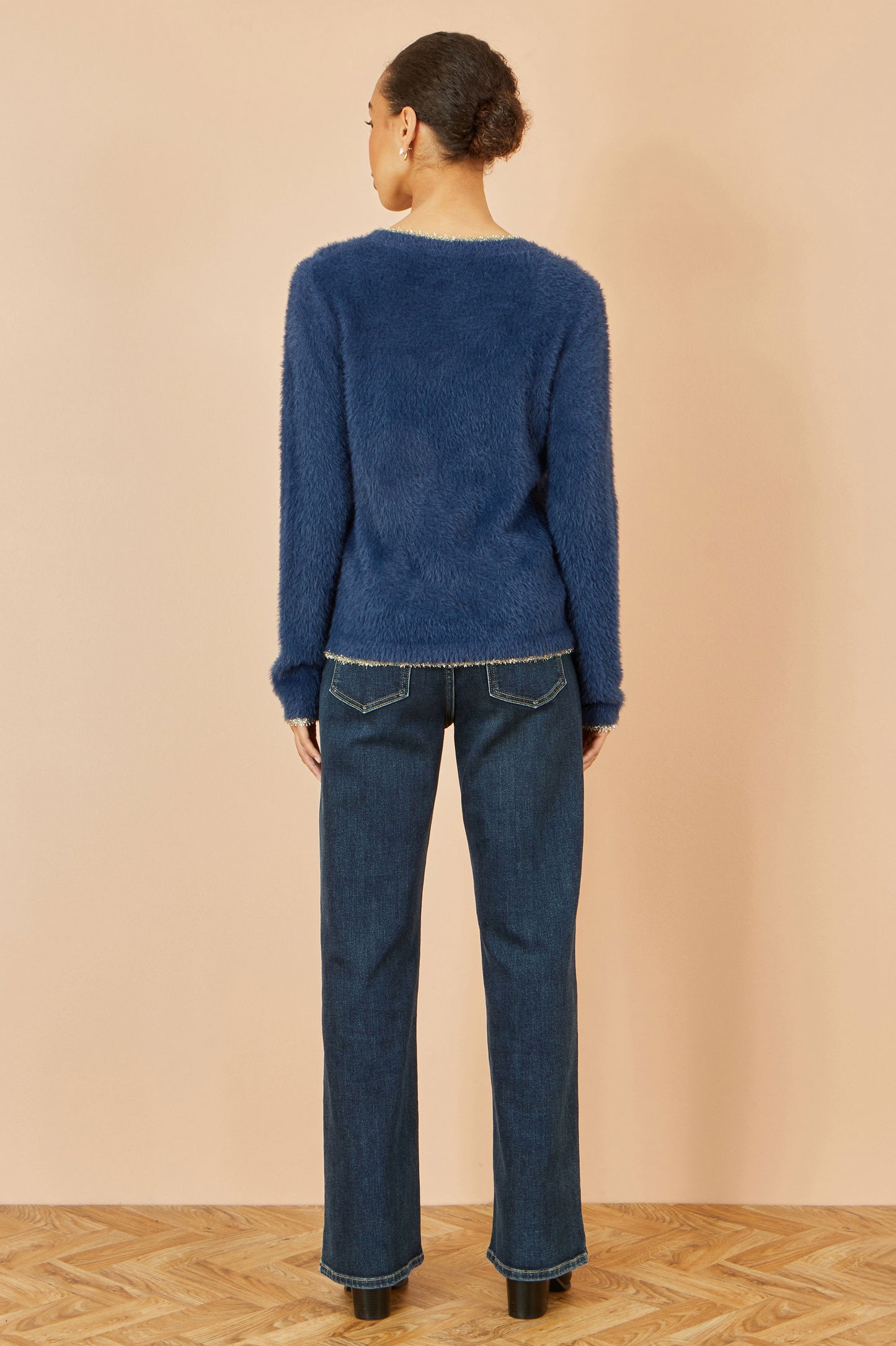 Yumi Navy Fluffy Star Christmas Jumper Knit Xmas Jumper Yumi