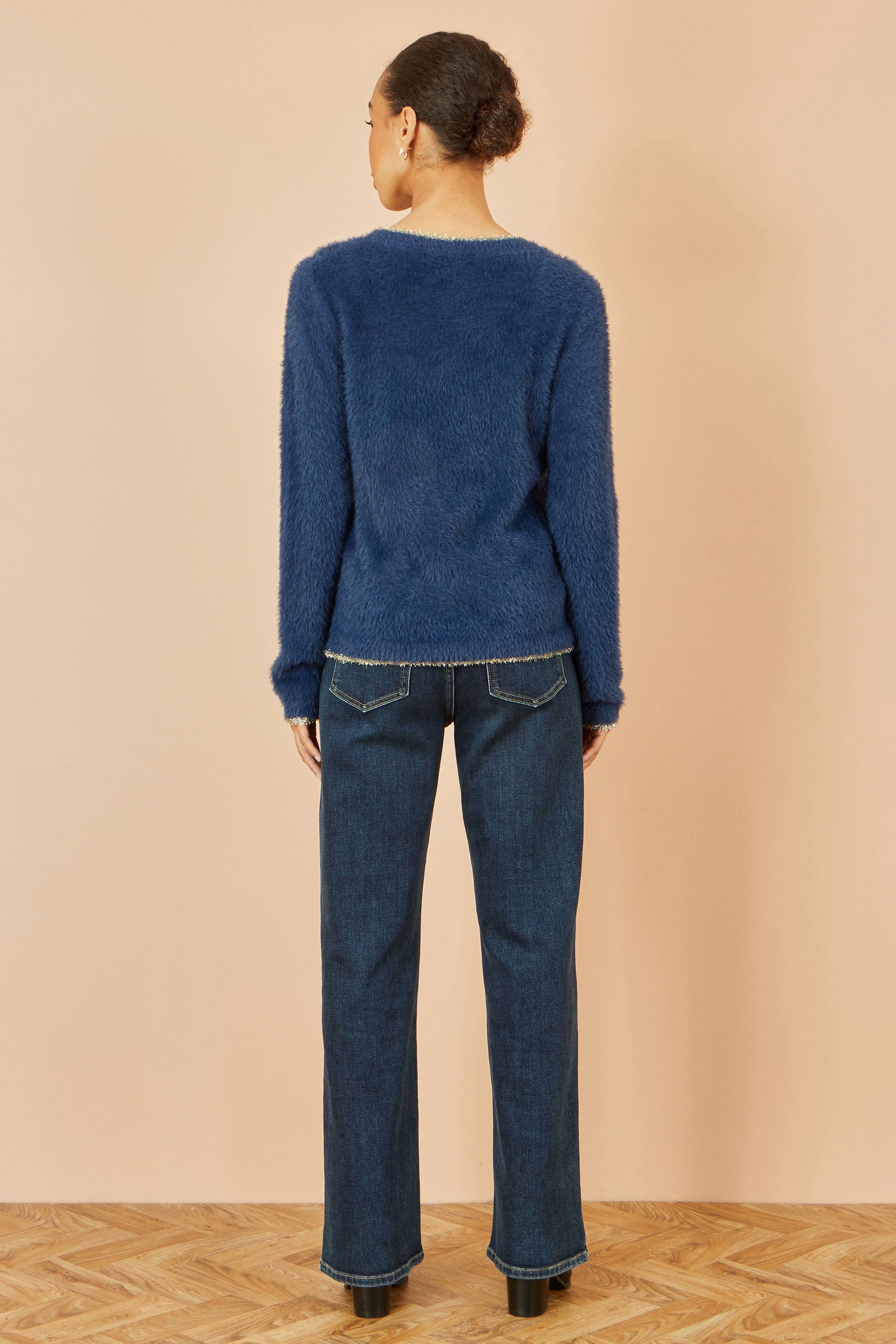 Yumi Navy Fluffy Star Christmas Jumper Knit Xmas Jumper Yumi