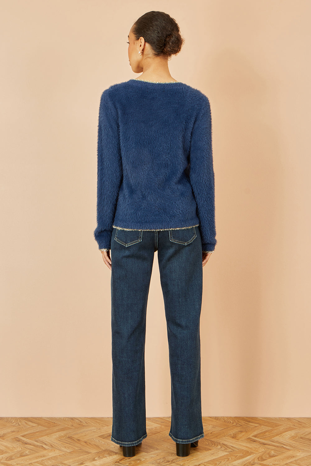 Yumi Navy Fluffy Star Christmas Jumper Knit Xmas Jumper Yumi