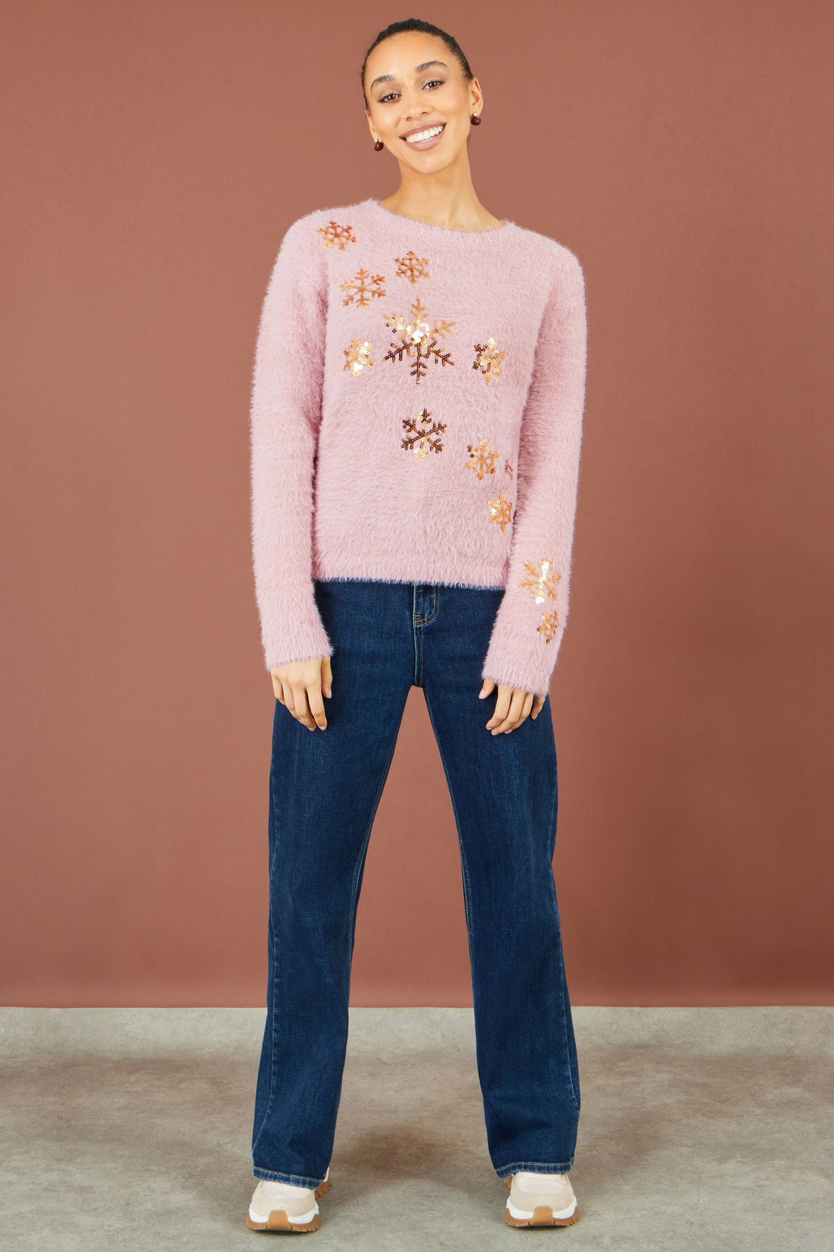 Yumi Pink Sequin Snowflake Fluffy Jumper Knit Xmas Jumper Yumi