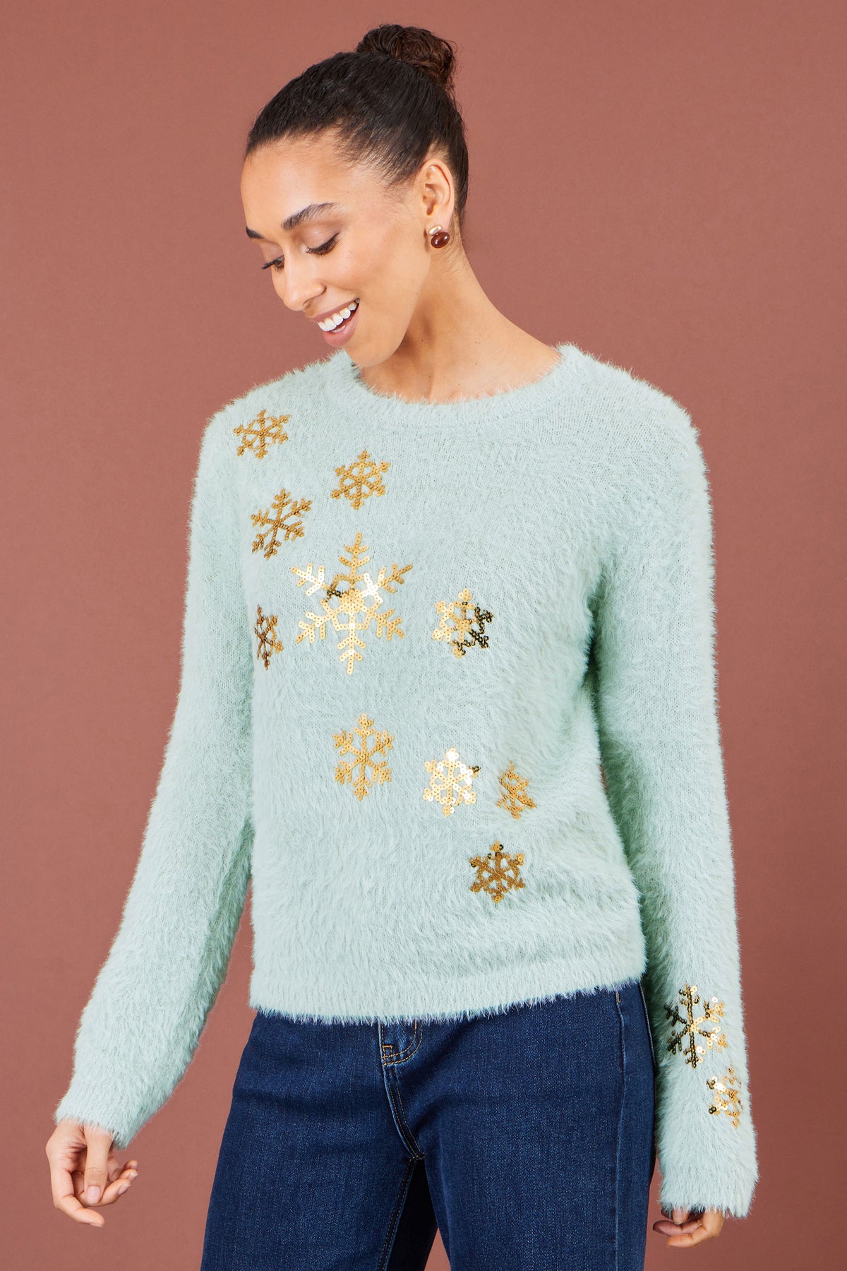 Yumi Mint Sequin Snowflake Fluffy Jumper Knit Xmas Jumper Yumi