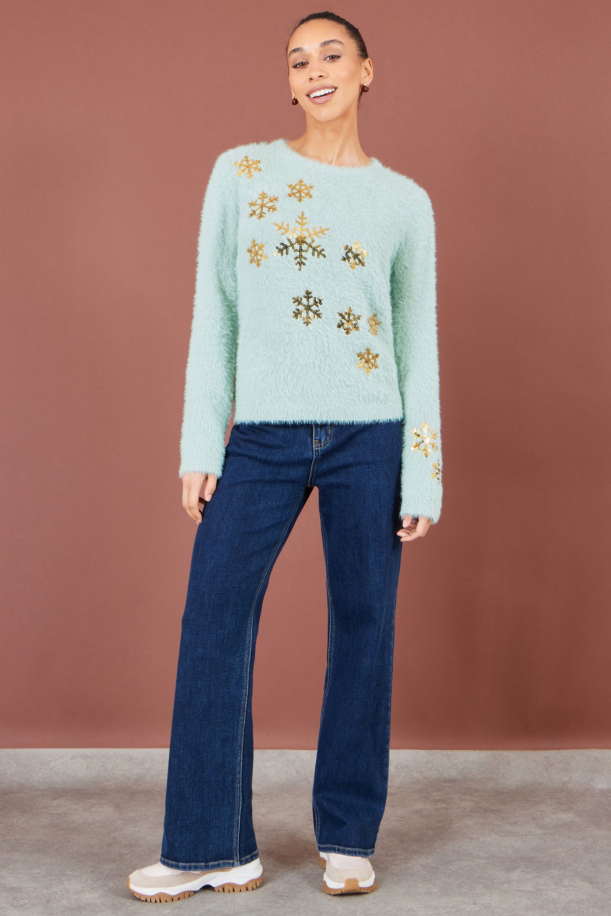 Yumi Mint Sequin Snowflake Fluffy Jumper Knit Xmas Jumper Yumi