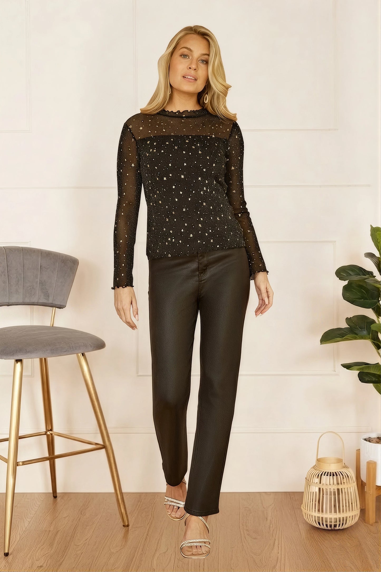 Yumi Black Mesh Star Print Long Sleeve Top Tops Yumi
