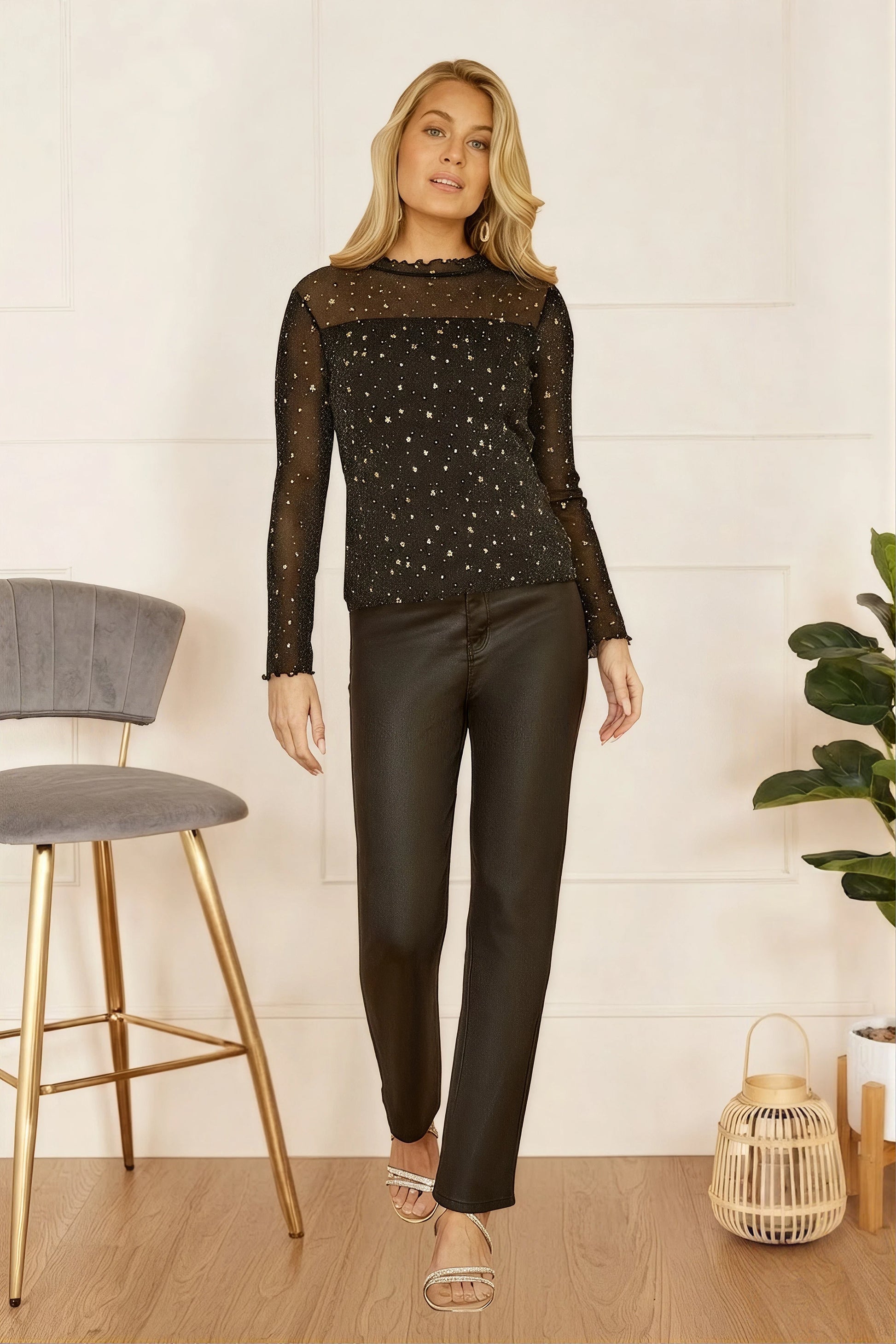 Yumi Black Mesh Star Print Long Sleeve Top Tops Yumi