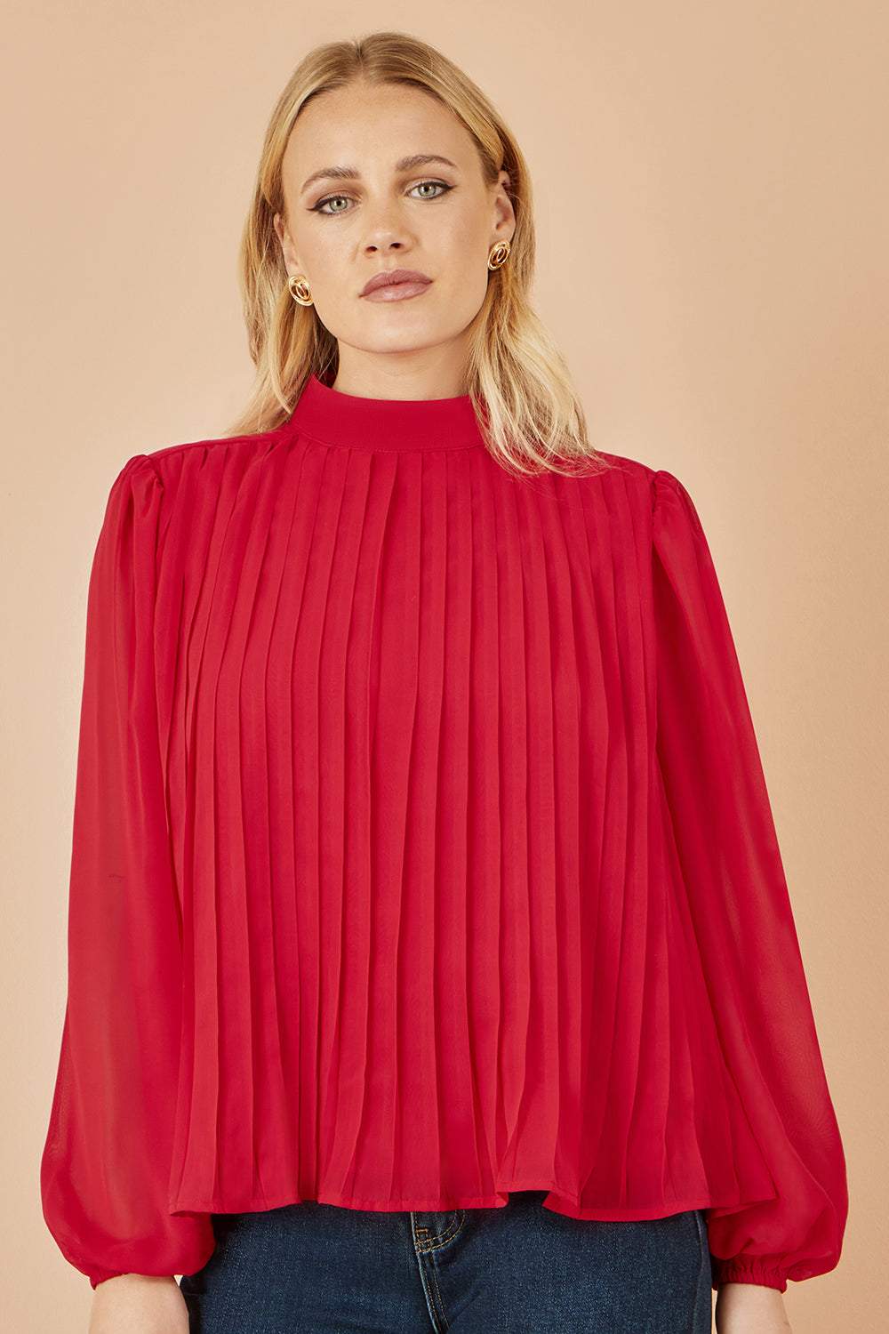 Yumi Red Pleated Long Sleeve Top With High Neck Top Yumi