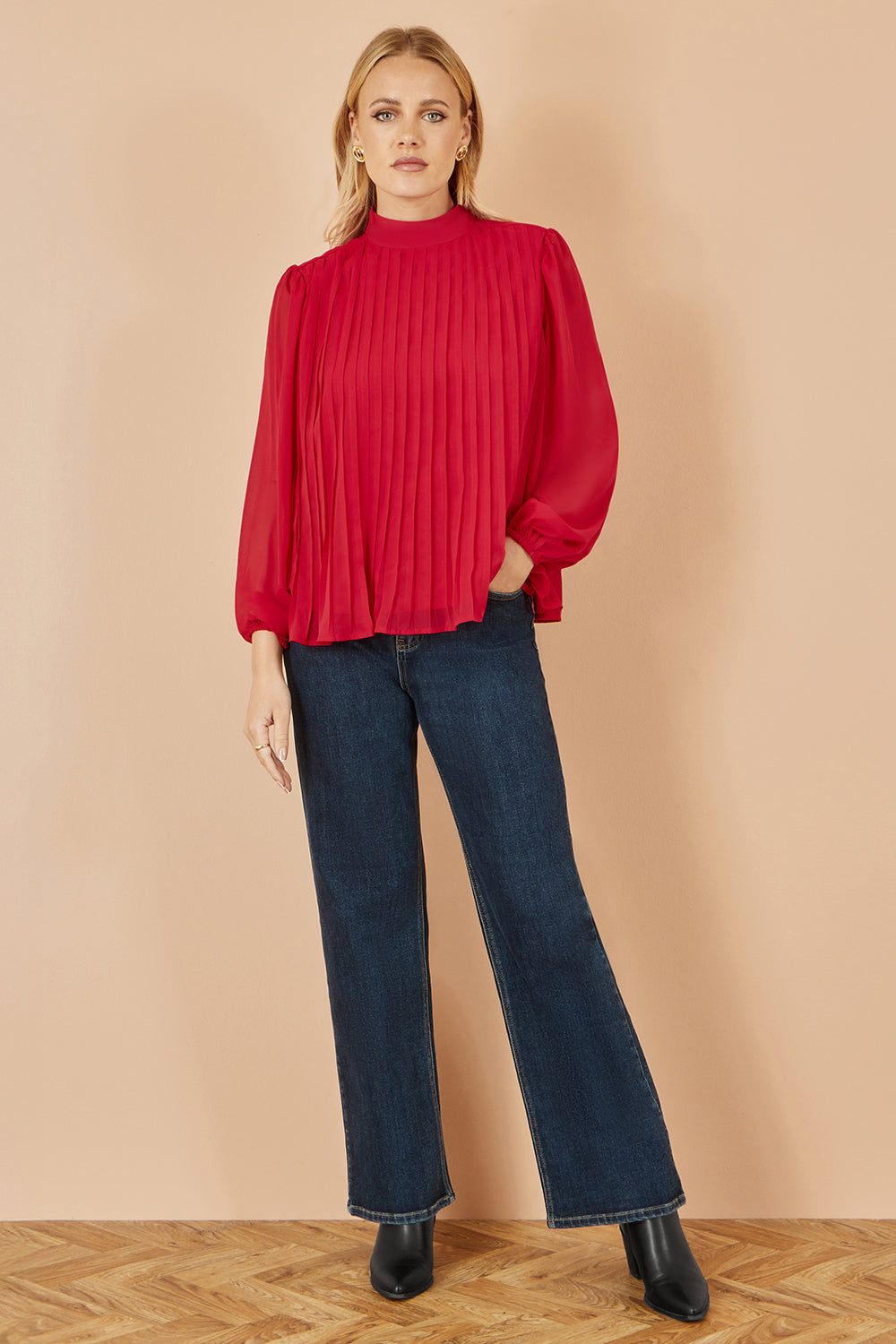 Yumi Red Pleated Long Sleeve Top With High Neck Top Yumi