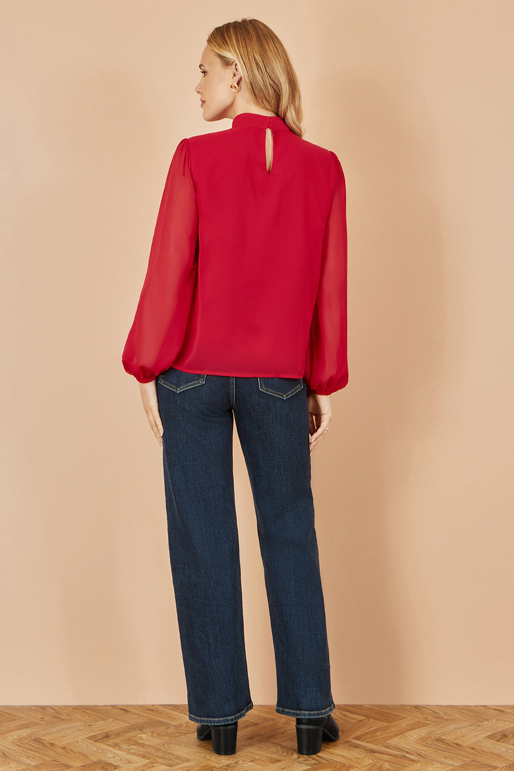 Yumi Red Pleated Long Sleeve Top With High Neck Top Yumi