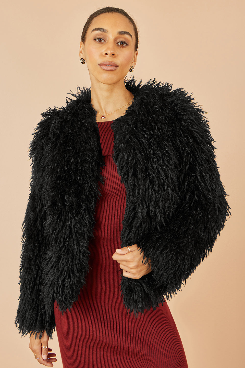 Yumi Black Luxe Fluffy Faux Fur Coat COAT Yumi
