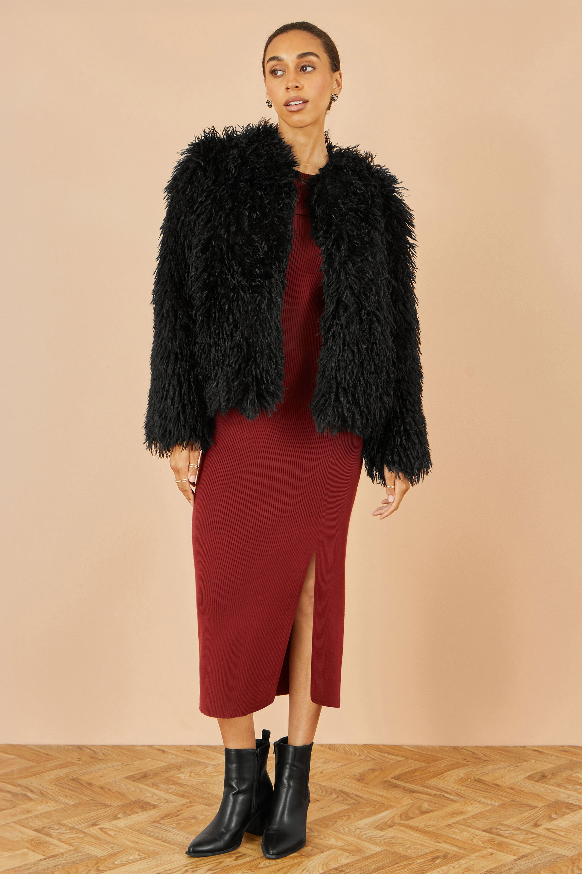 Yumi Black Luxe Fluffy Faux Fur Coat COAT Yumi