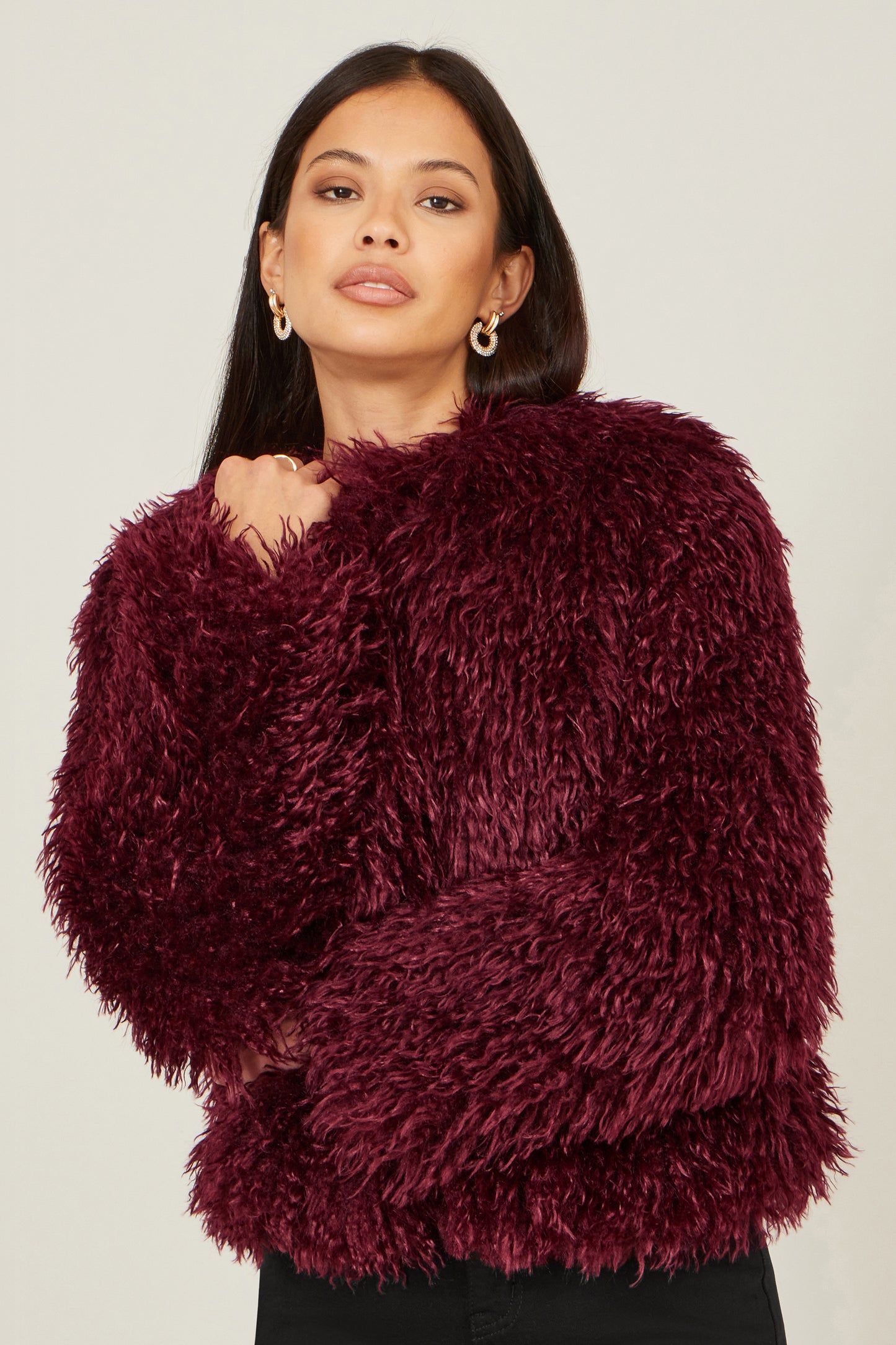 Yumi Burgundy Luxe Fluffy Faux Fur Coat COAT Yumi