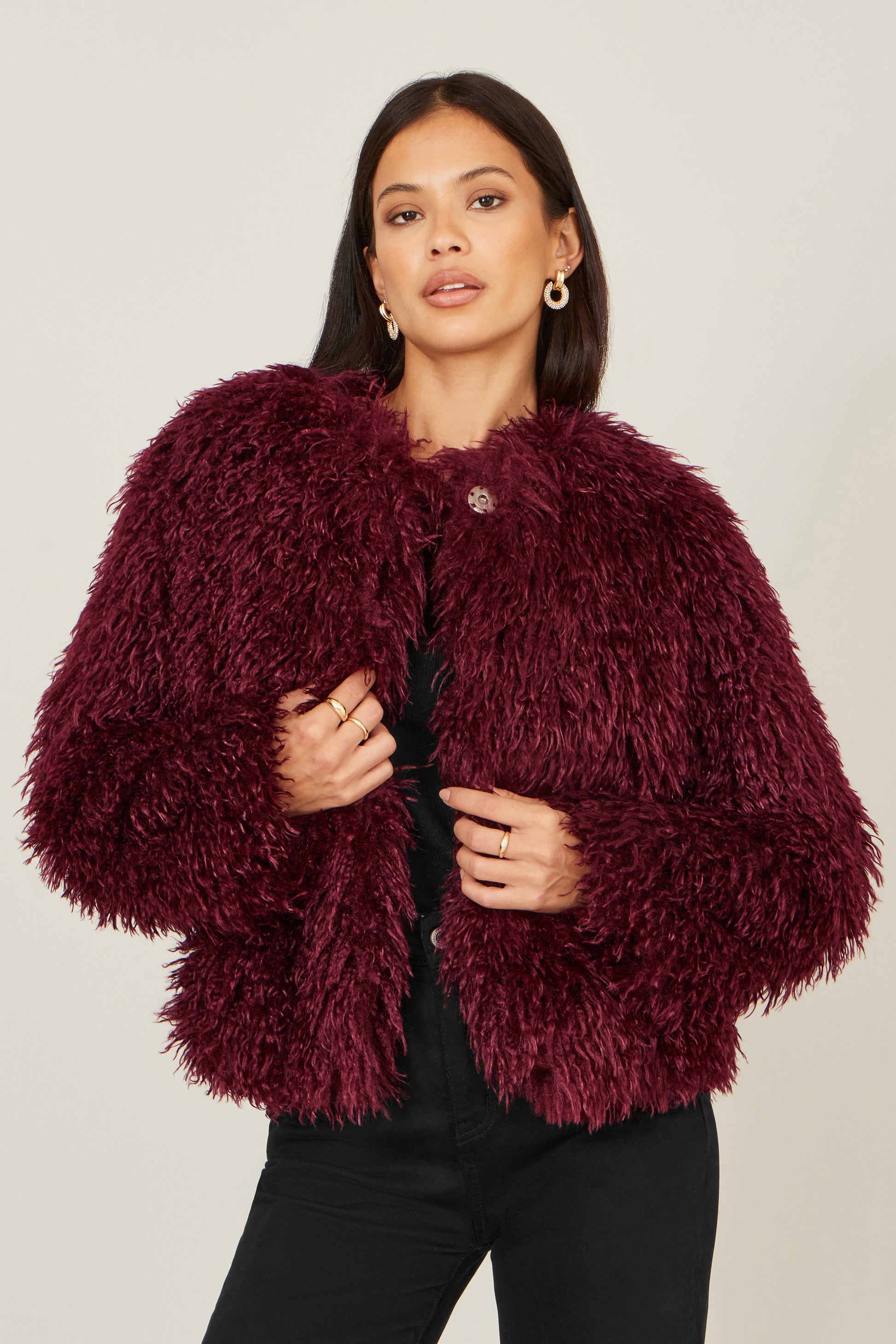 Yumi Burgundy Luxe Fluffy Faux Fur Coat COAT Yumi