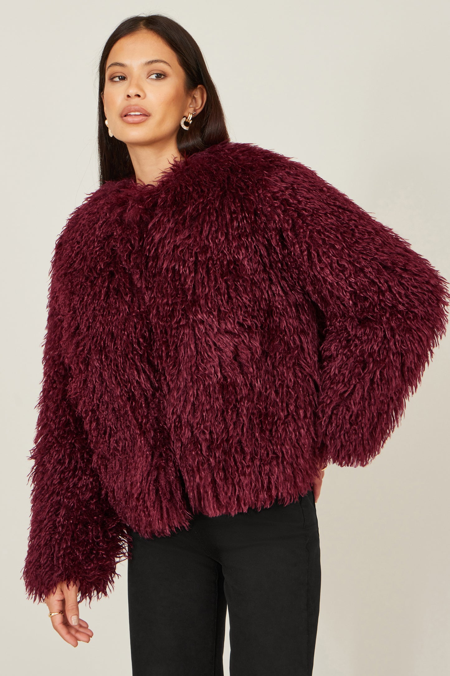 Yumi Burgundy Luxe Fluffy Faux Fur Coat COAT Yumi