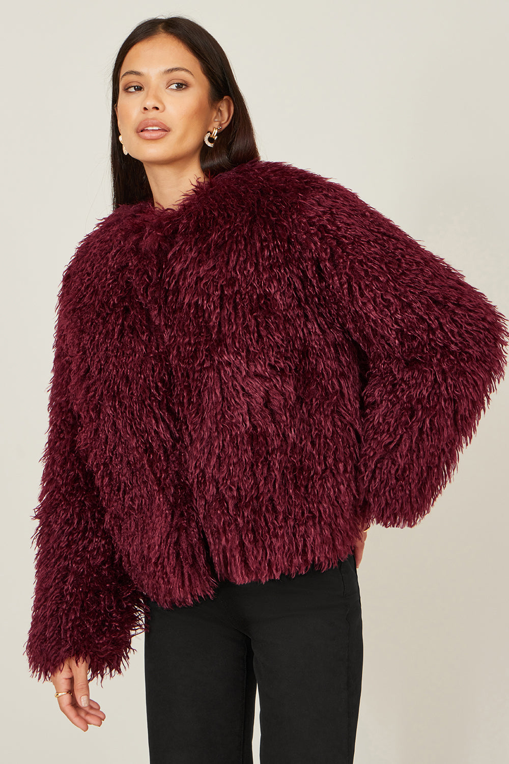 Yumi Burgundy Luxe Fluffy Faux Fur Coat COAT Yumi