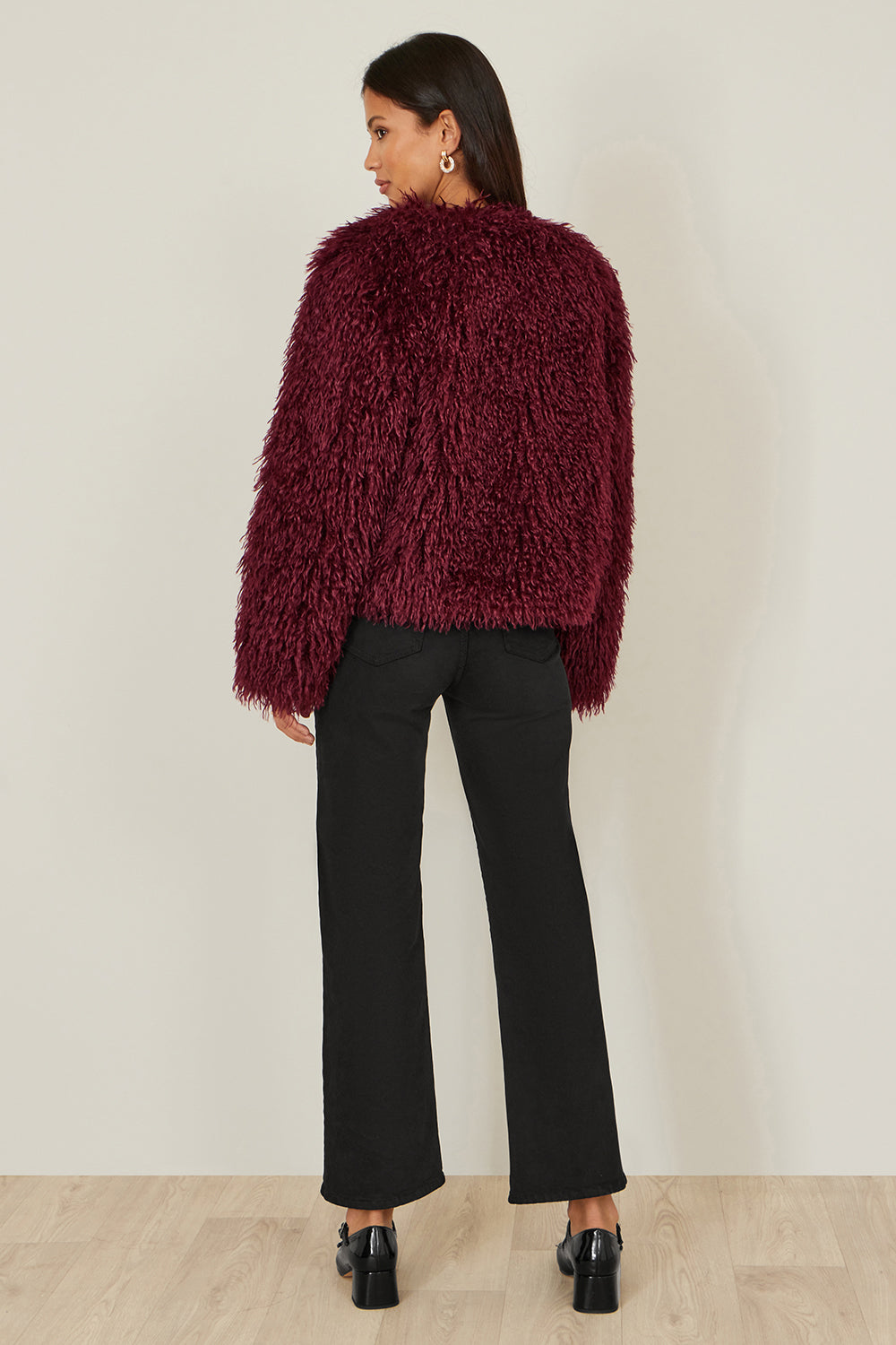 Yumi Burgundy Luxe Fluffy Faux Fur Coat COAT Yumi