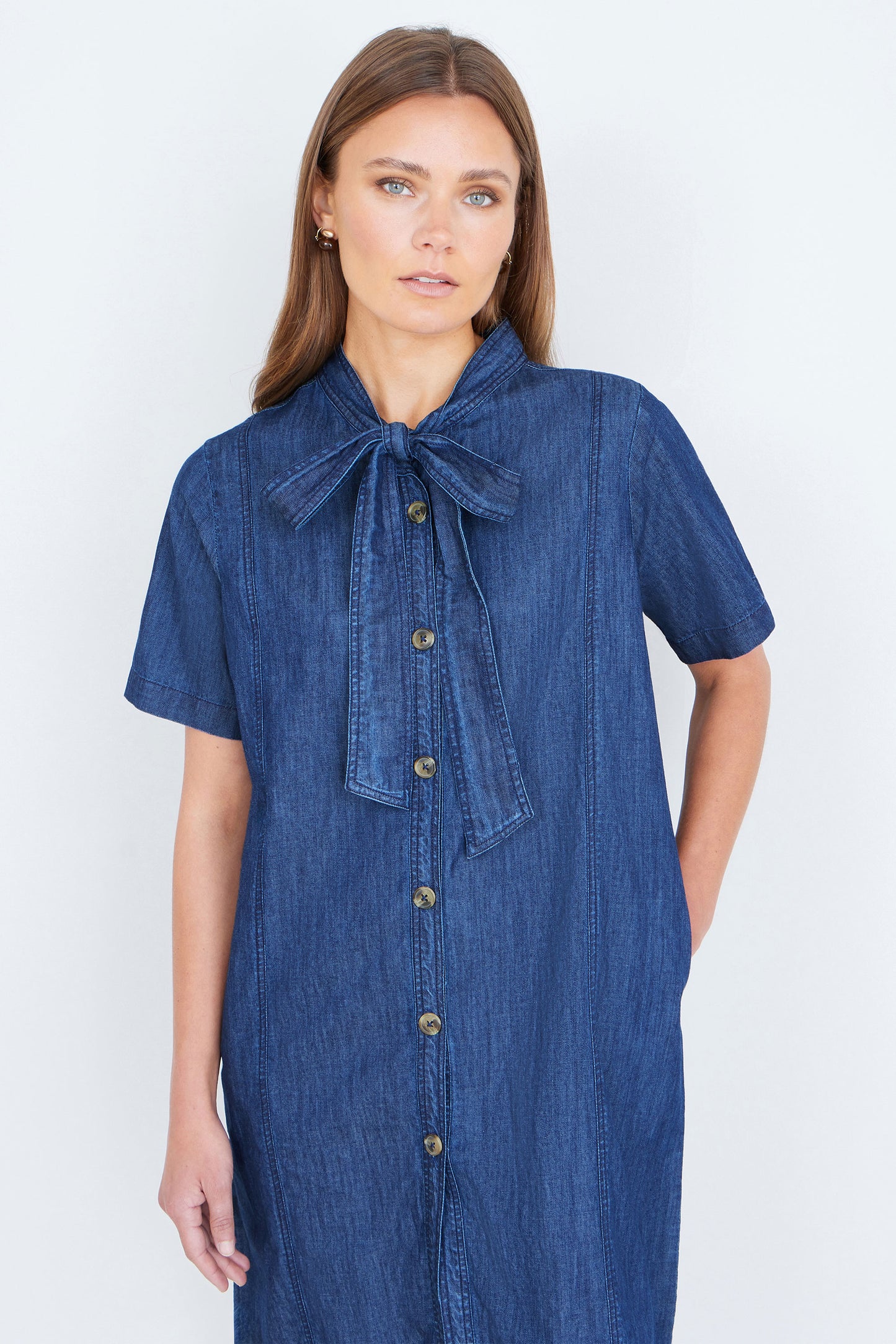 Yumi Blue Chambray Tunic With Pussy Bow Tie Dress Casual Yumi
