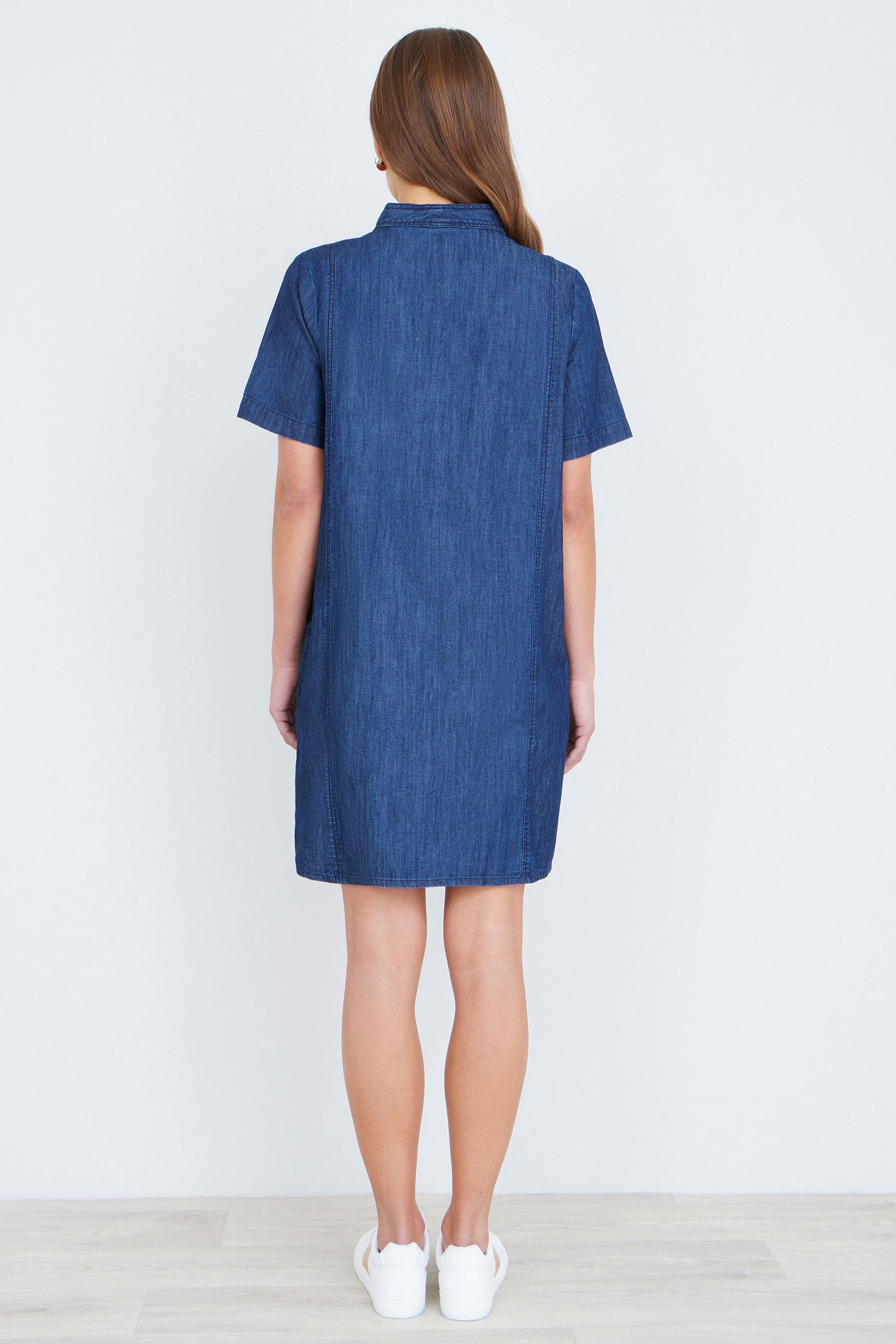 Yumi Blue Chambray Tunic With Pussy Bow Tie Dress Casual Yumi