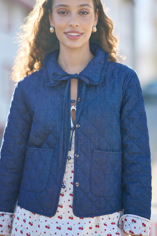 Yumi Blue Chambray Quilted Jacket With Cherry Lining Outerwear Yumi