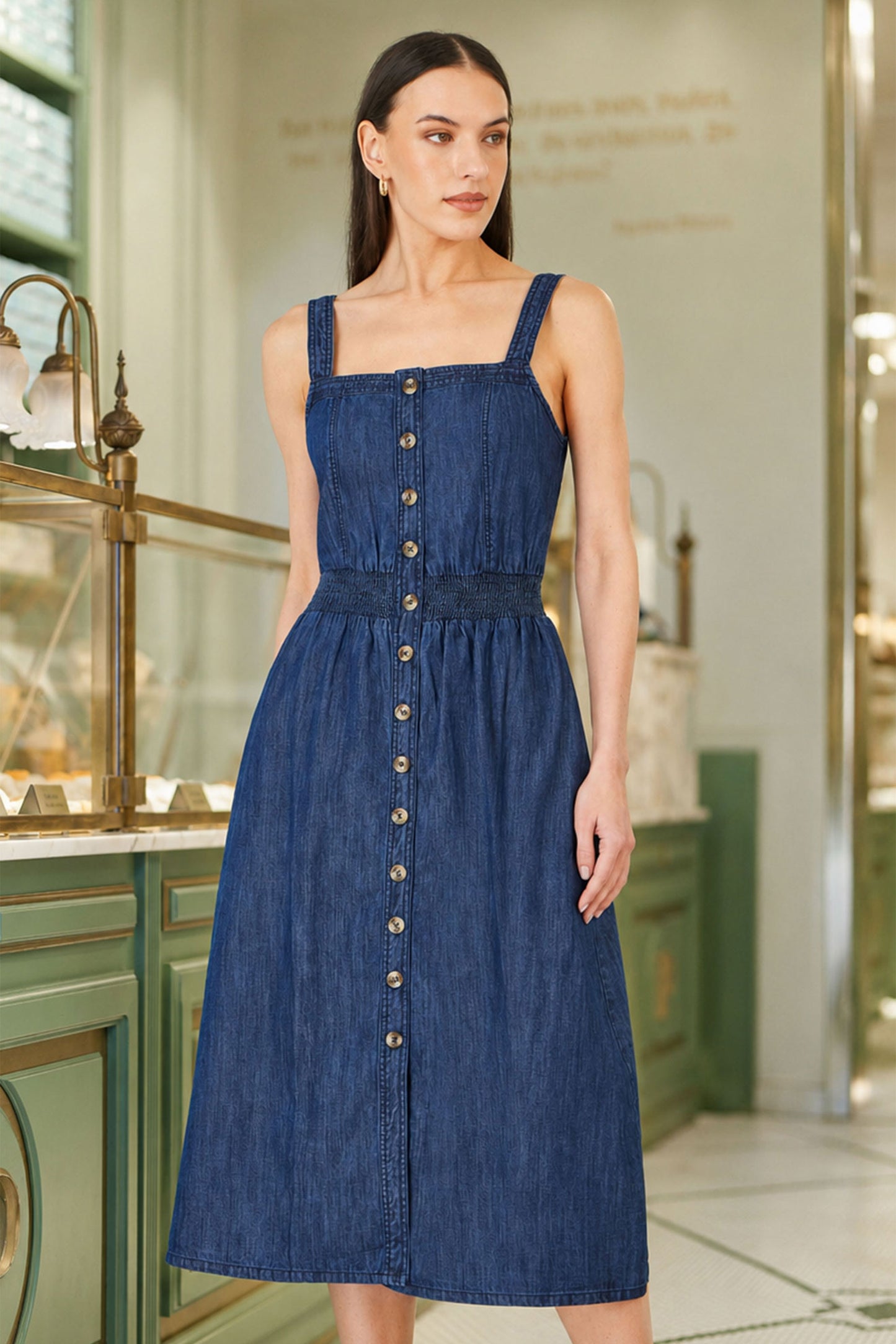 Yumi Blue Chambray Cotton Ruched Midi Sun Dress Dress Casual Yumi