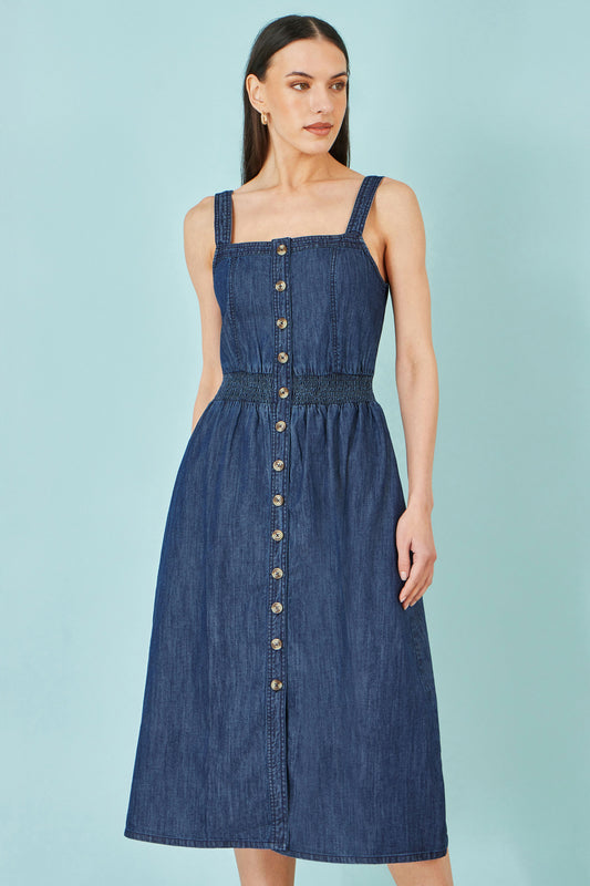 Yumi Blue Chambray Cotton Ruched Midi Sun Dress Dress Casual Yumi