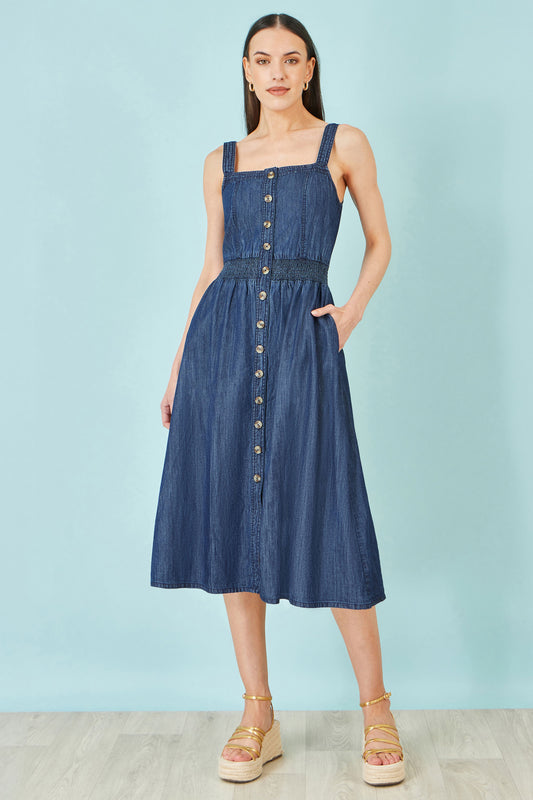 Yumi Blue Chambray Cotton Ruched Midi Sun Dress Dress Casual Yumi