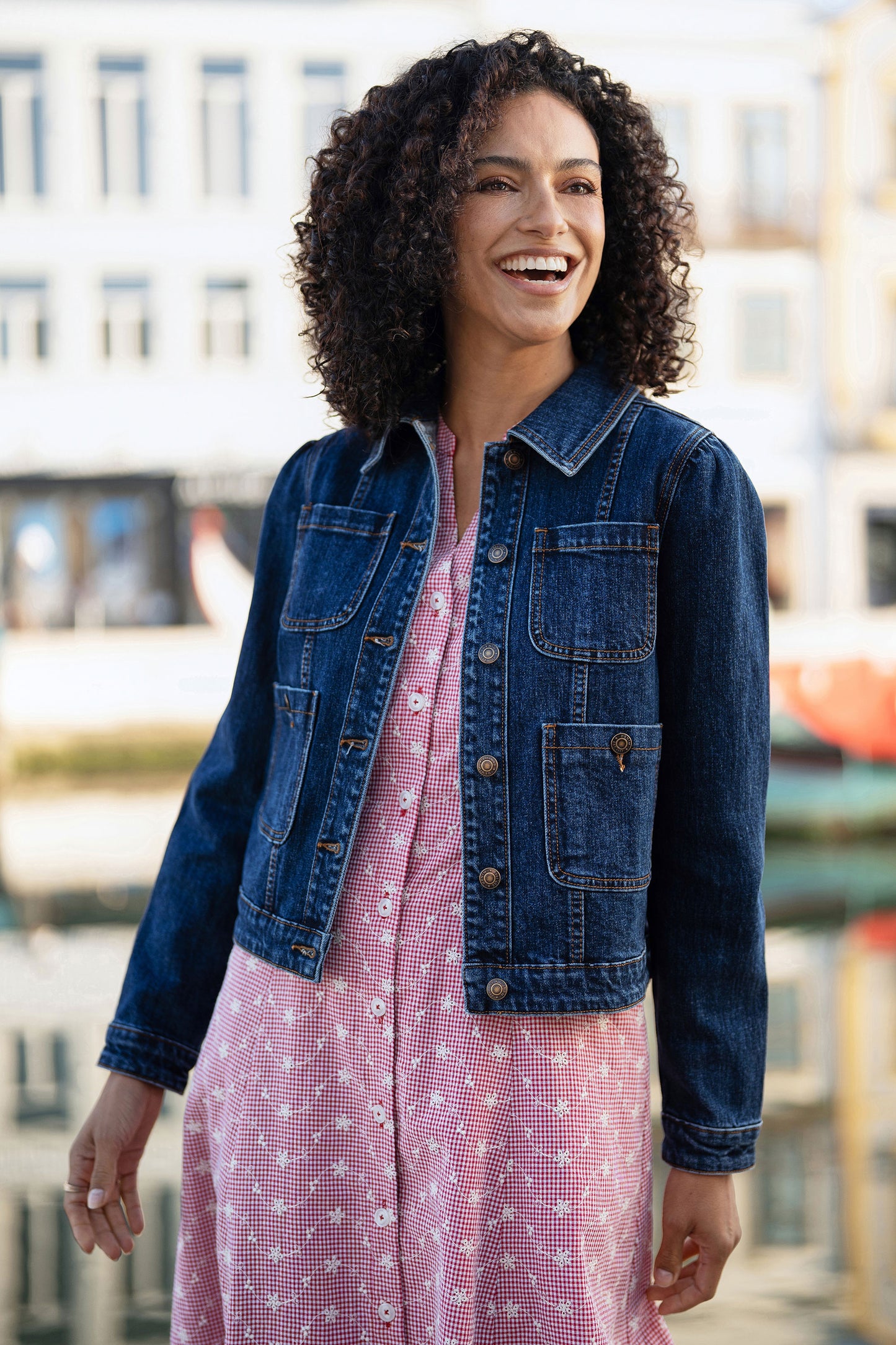 Yumi Blue Stretch Denim Jacket With Pocket Detail Outerwear Yumi