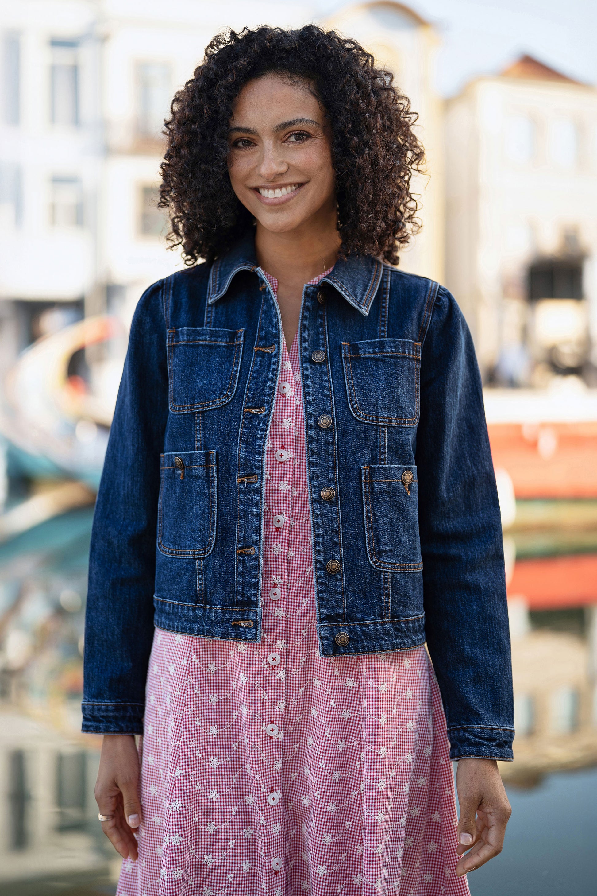 Yumi Blue Stretch Denim Jacket With Pocket Detail Outerwear Yumi