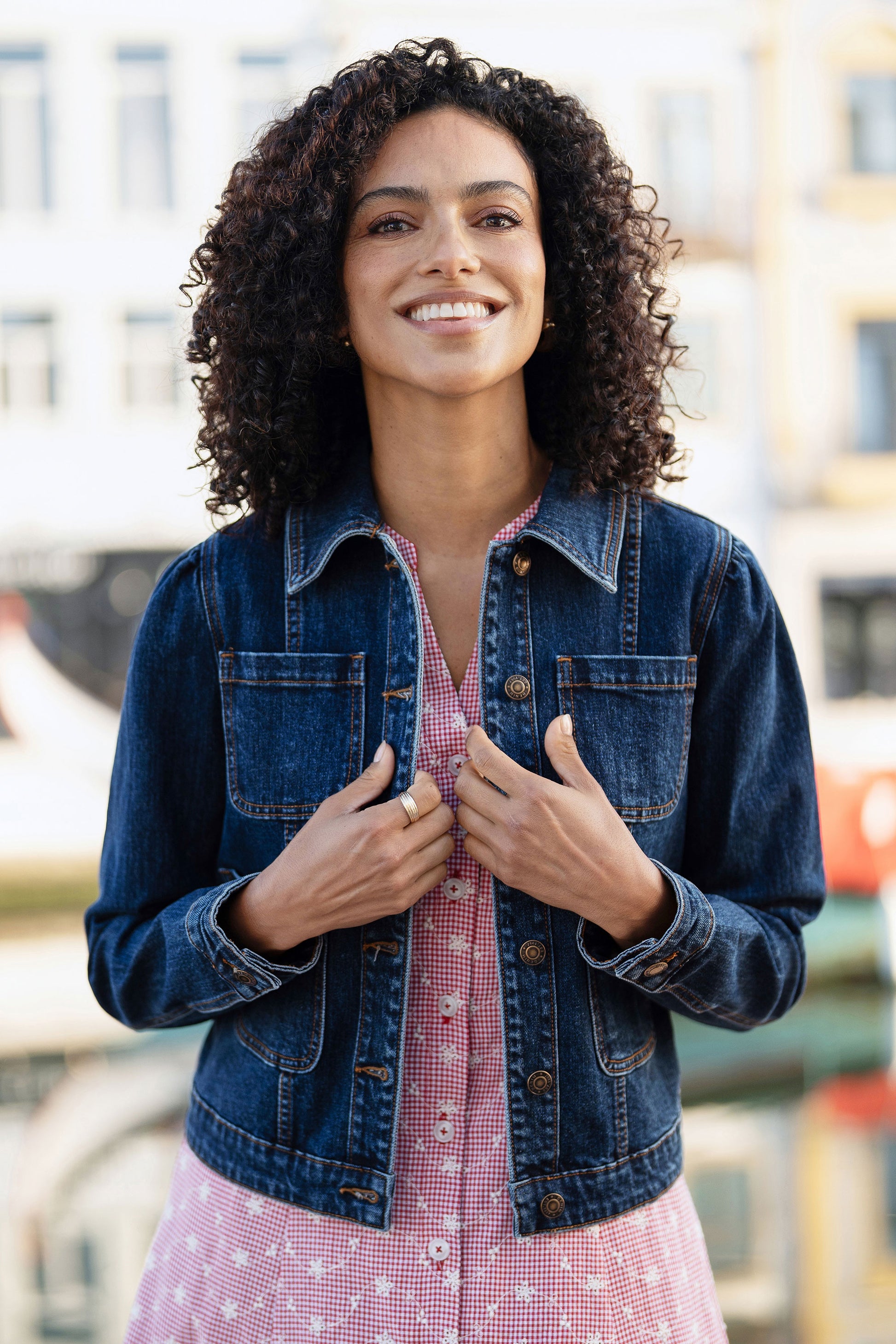 Yumi Blue Stretch Denim Jacket With Pocket Detail Outerwear Yumi