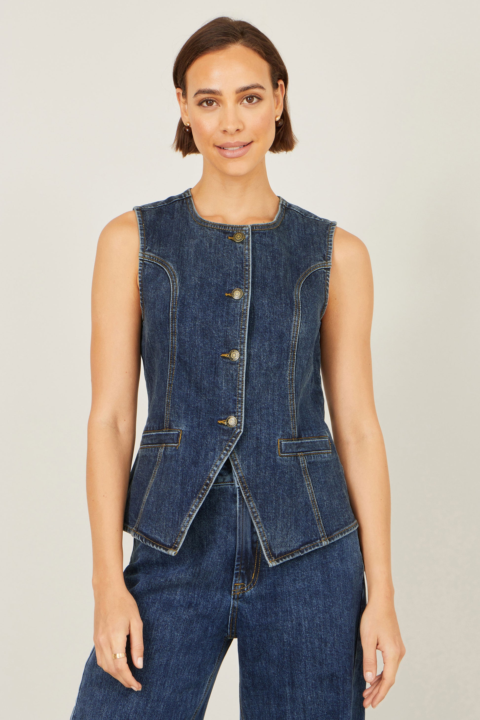 Yumi Blue Stretch Long Denim Waistcoat WAISTCOAT Yumi