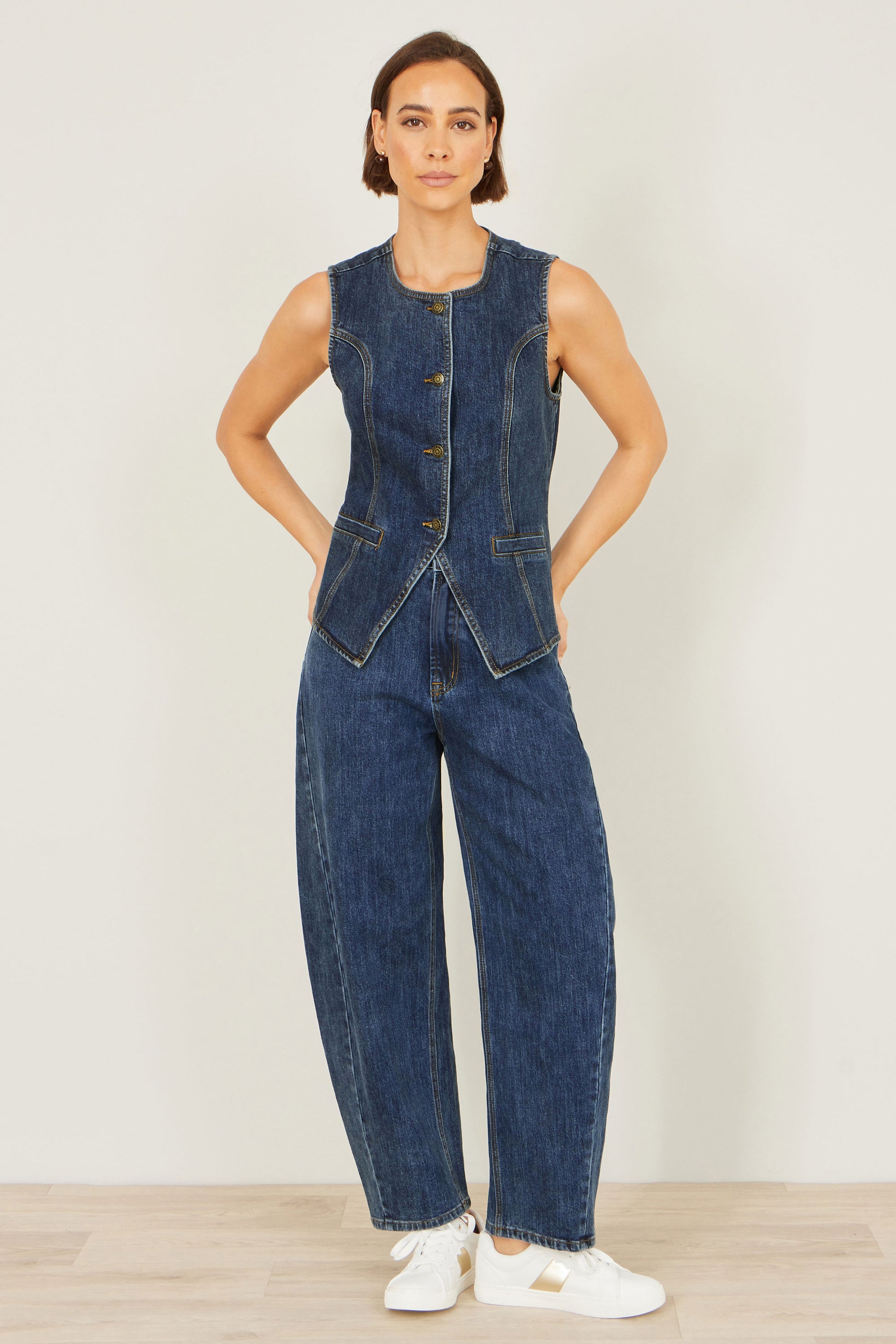Yumi Blue Stretch Long Denim Waistcoat WAISTCOAT Yumi