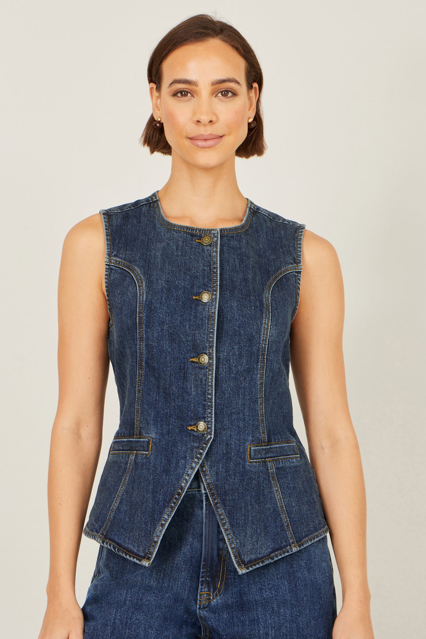 Yumi Blue Stretch Long Denim Waistcoat WAISTCOAT Yumi