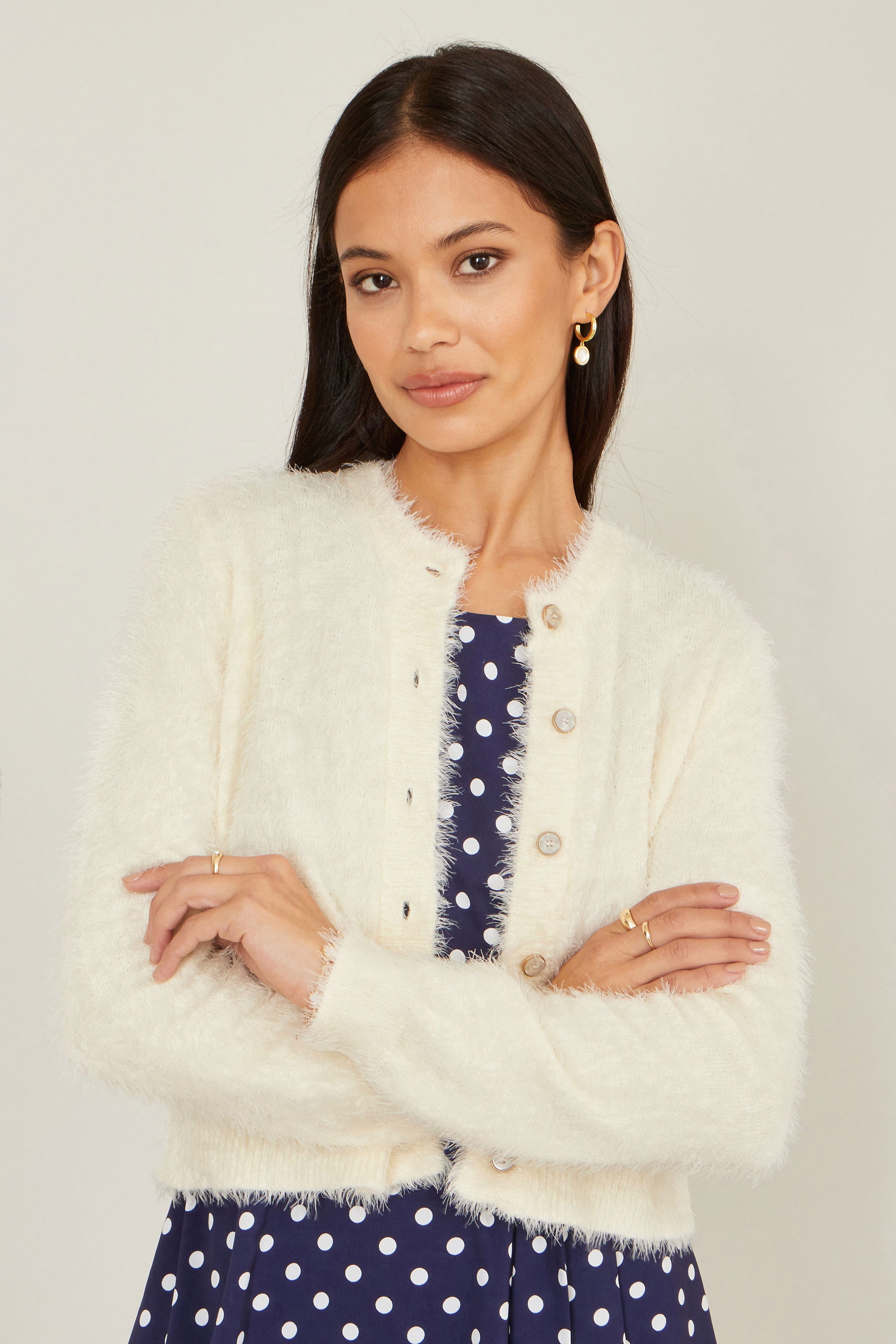 Yumi Ivory Eyelash Knit Cropped Cardigan Knit Cardigan Yumi