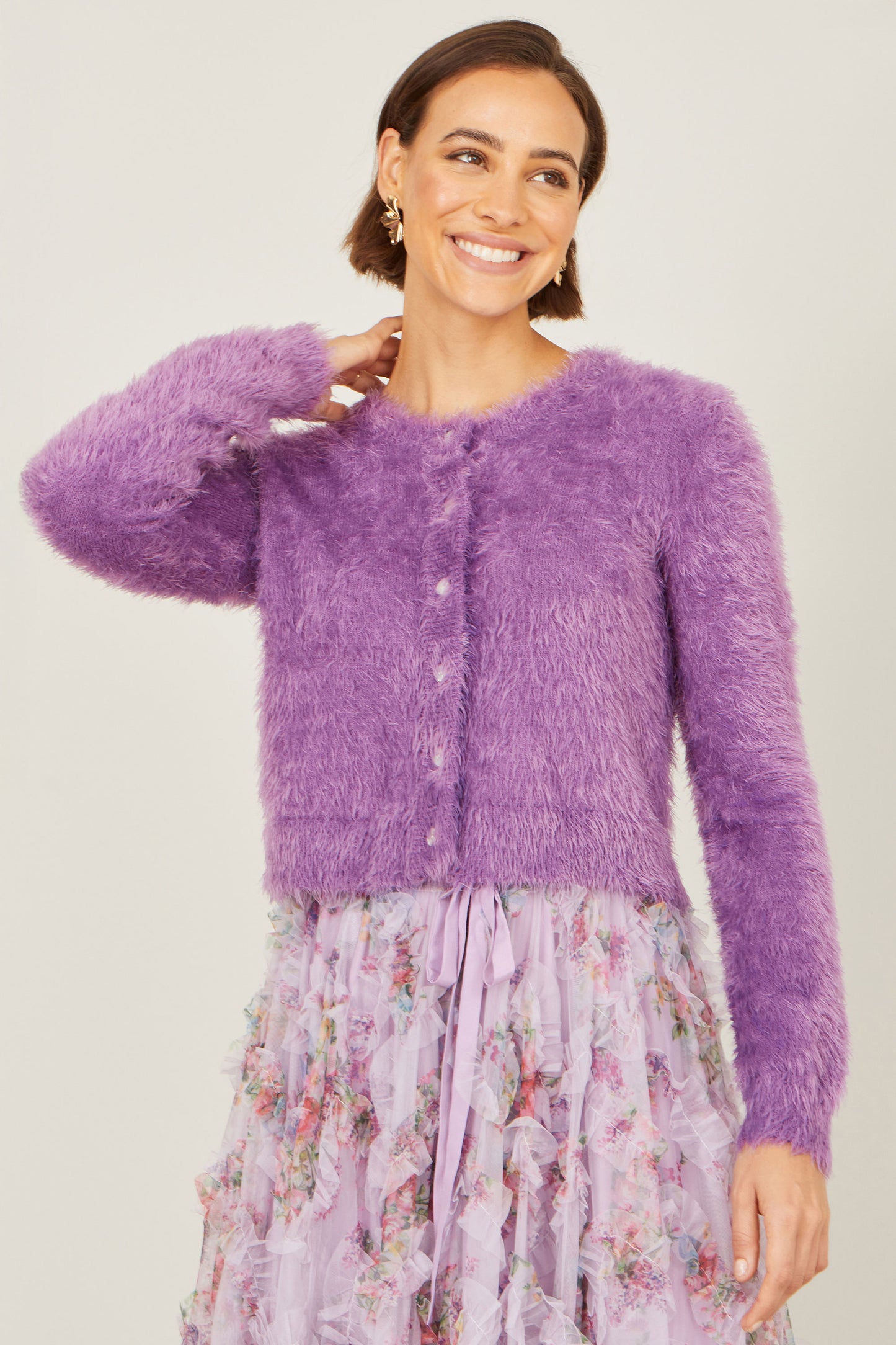 Yumi Lavender Eyelash Knit Cropped Cardigan Knit Cardigan Yumi