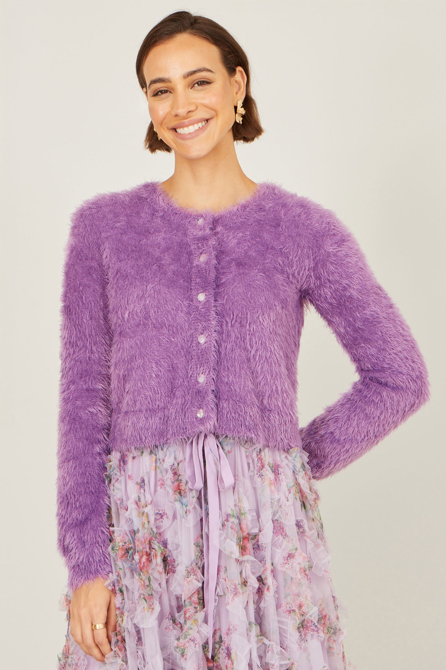 Yumi Lavender Eyelash Knit Cropped Cardigan Knit Cardigan Yumi