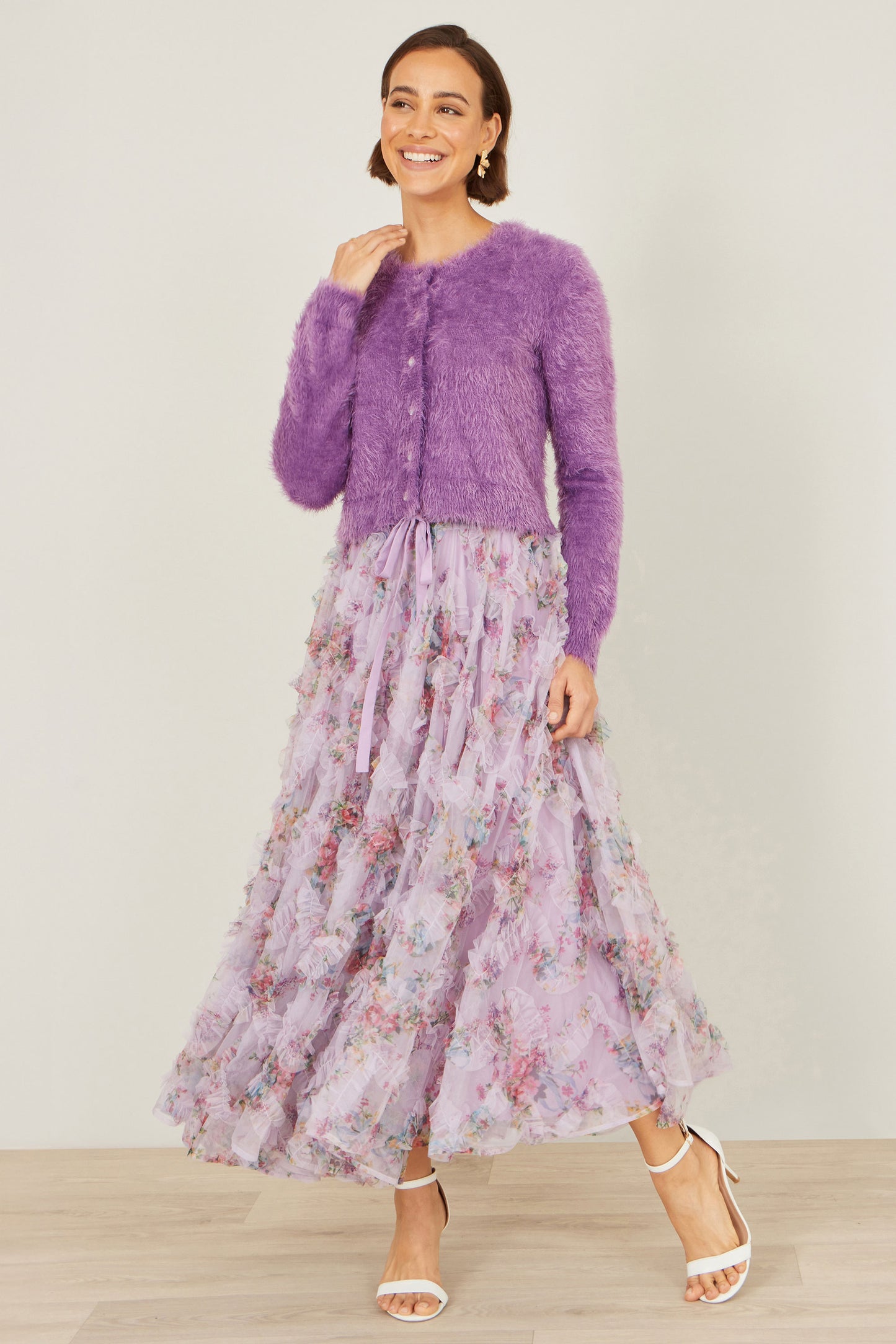 Yumi Lavender Eyelash Knit Cropped Cardigan Knit Cardigan Yumi