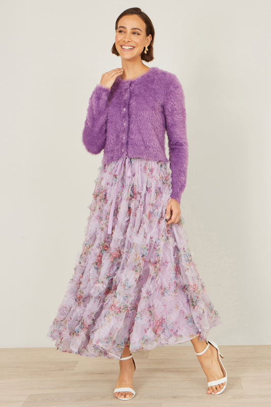 Yumi Lavender Eyelash Knit Cropped Cardigan Knit Cardigan Yumi