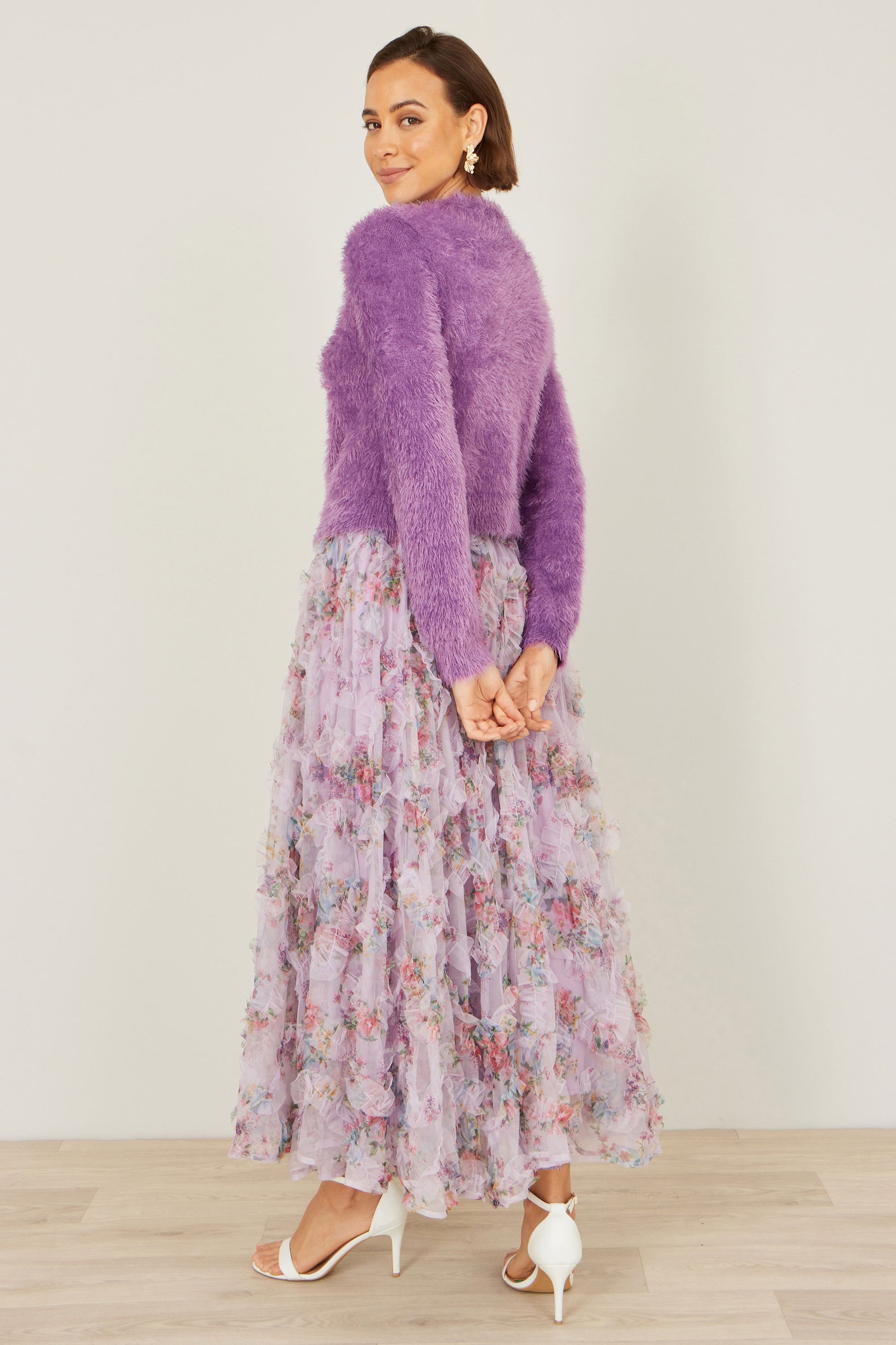 Yumi Lavender Eyelash Knit Cropped Cardigan Knit Cardigan Yumi