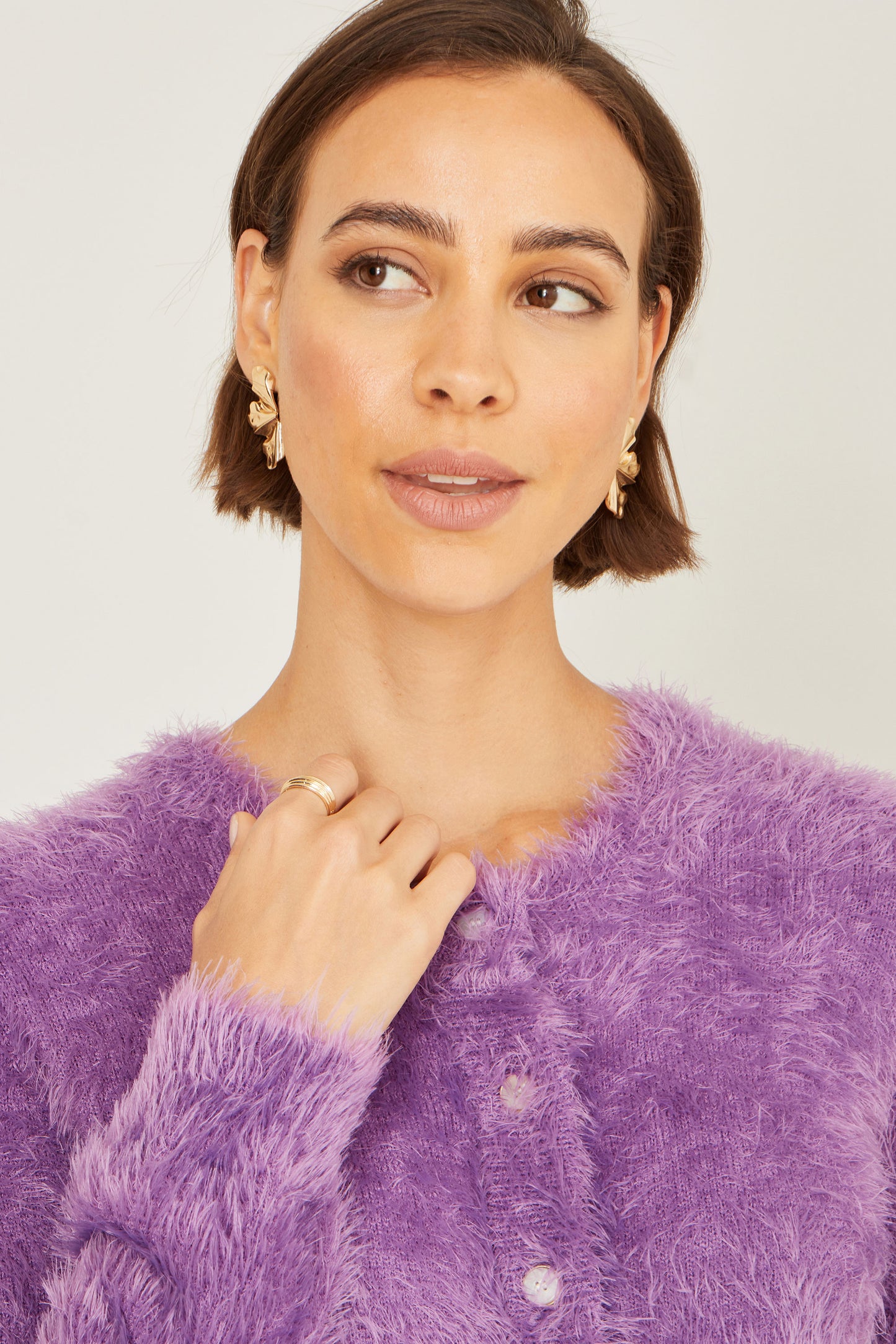 Yumi Lavender Eyelash Knit Cropped Cardigan Knit Cardigan Yumi