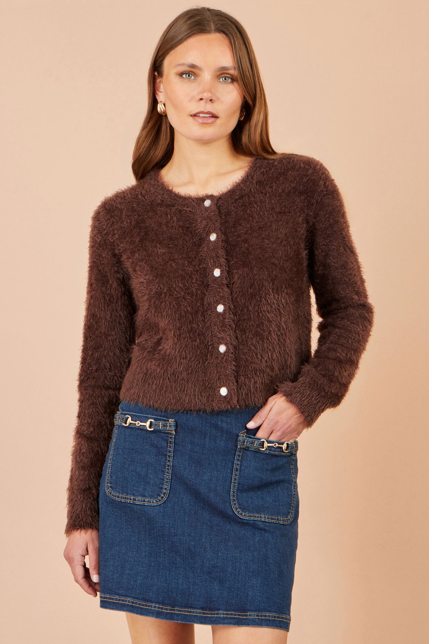 Yumi Brown Eyelash Knit Cropped Cardigan Knit Cardigan Yumi