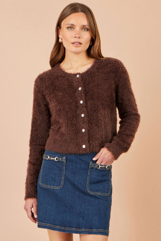 Yumi Brown Eyelash Knit Cropped Cardigan Knit Cardigan Yumi