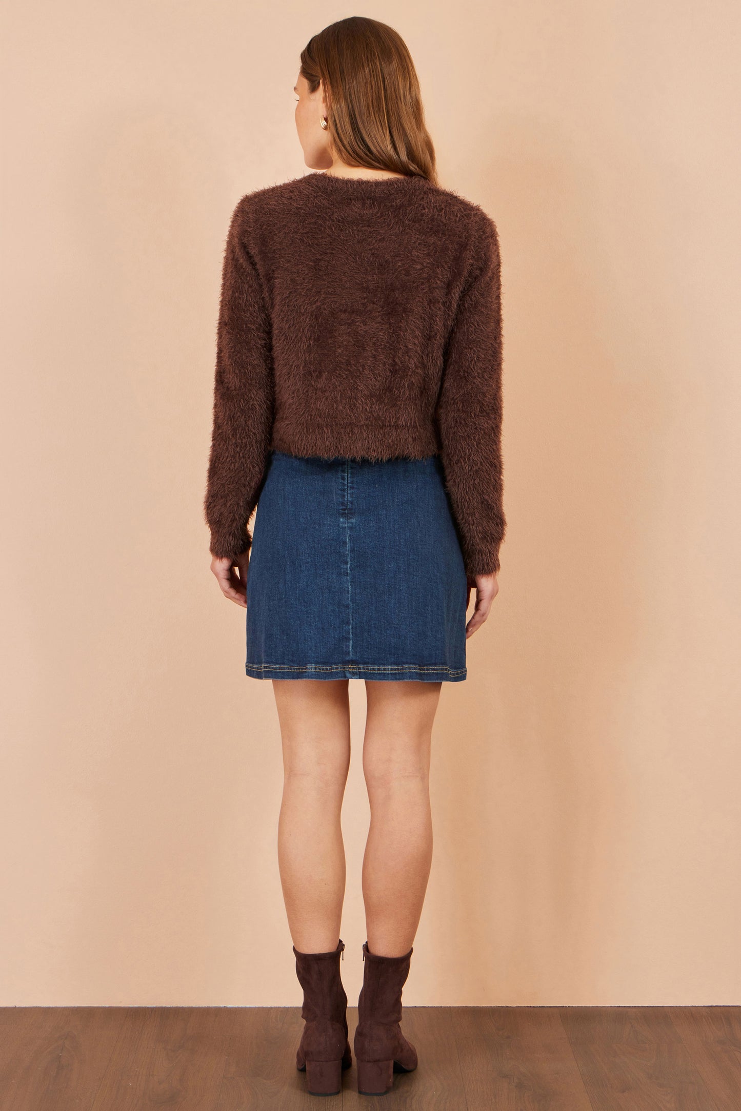 Yumi Brown Eyelash Knit Cropped Cardigan Knit Cardigan Yumi